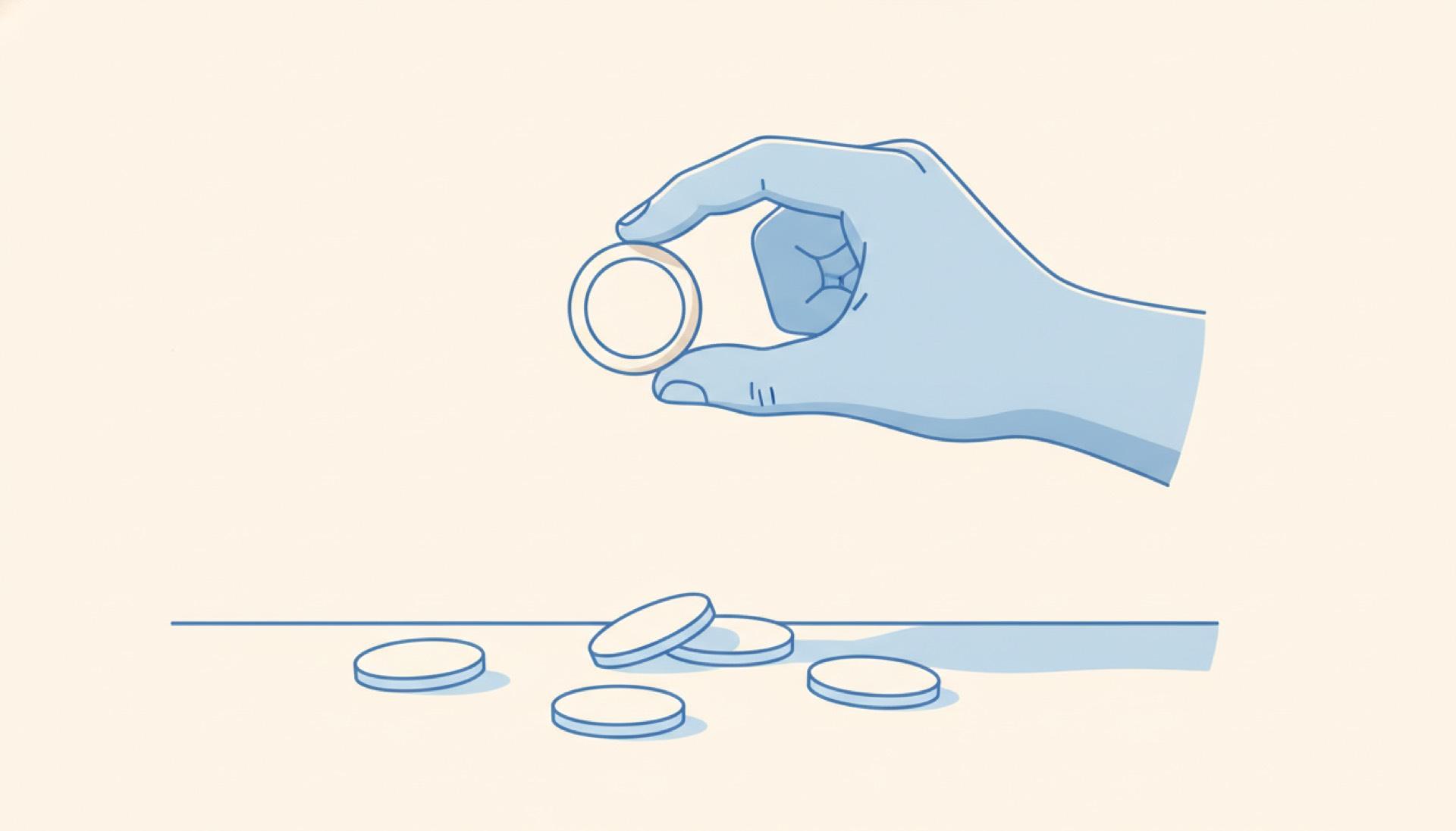 Flat blue illustration of a hand holding one small round token up to the light