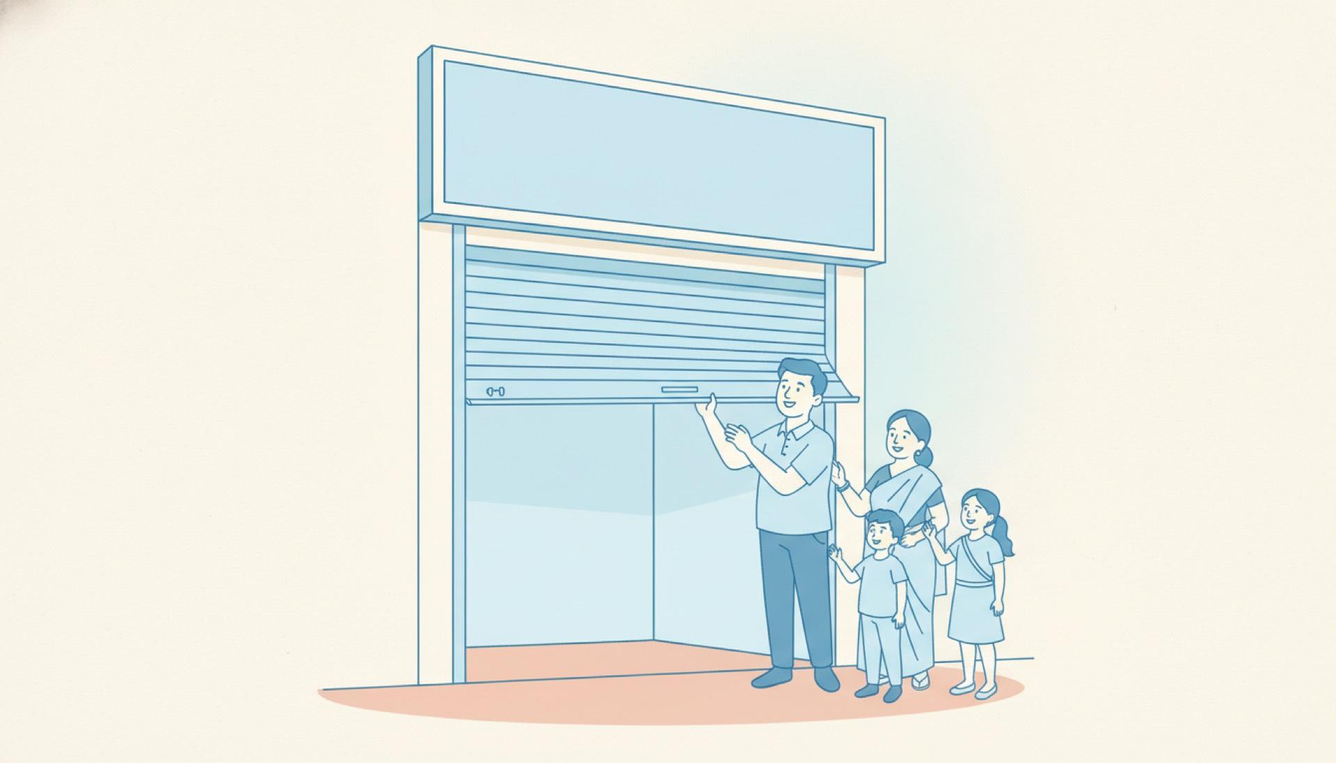 Flat blue illustration of a shopkeeper lifting the shutter of a new shop with a blank signboard