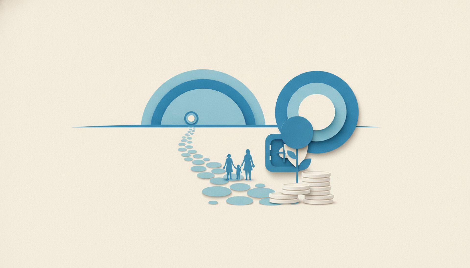 Blue cut-paper illustration of a trail of stepping stones leading to a distant milestone on the horizon