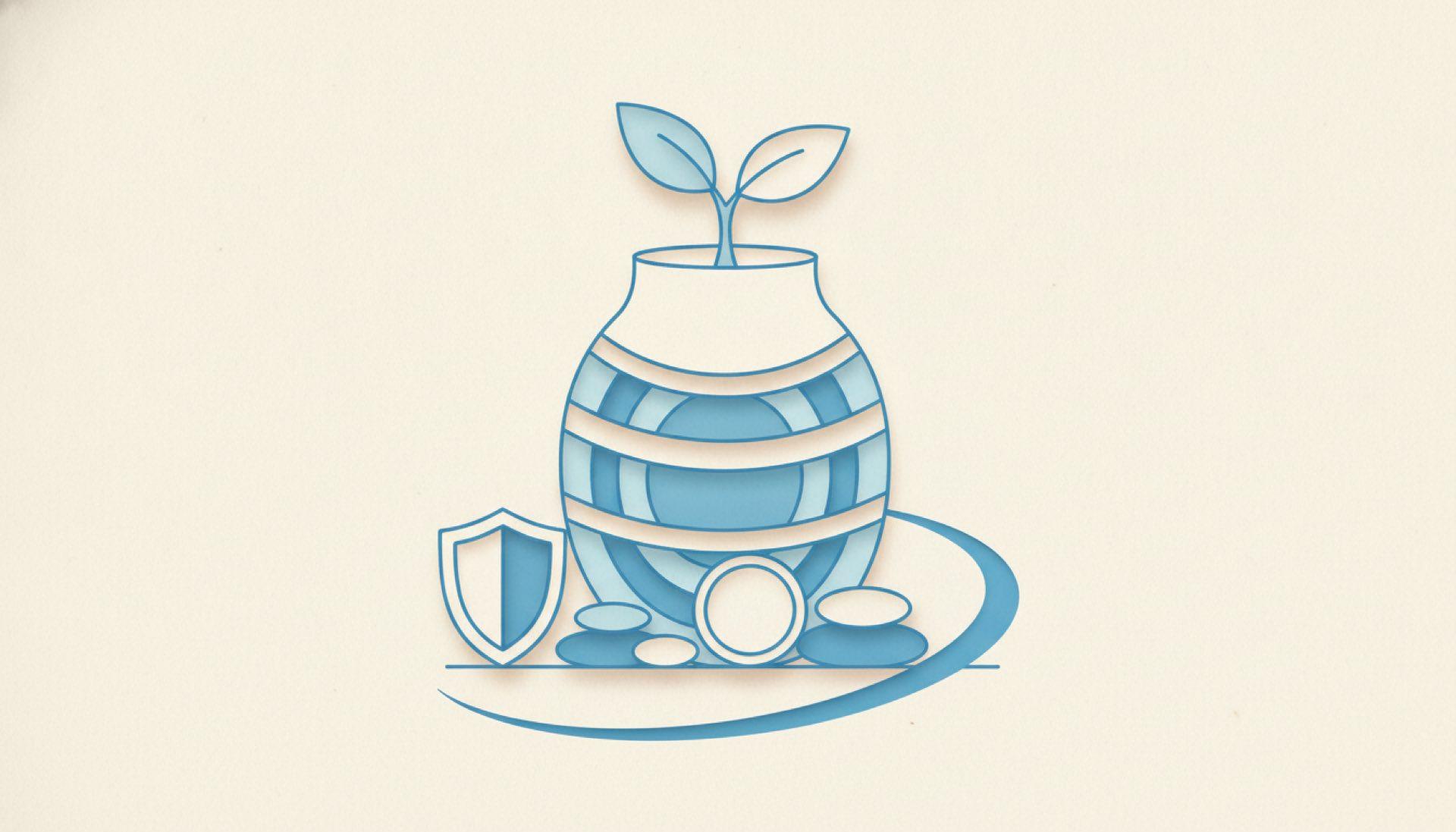 Blue cut-paper illustration of a sprouting plant in a rounded vessel ringed by concentric circles