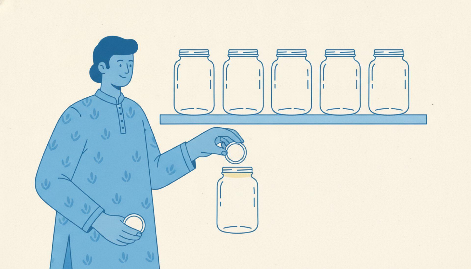 Flat blue illustration of a person adding a coin to a jar, with a row of identical jars behind