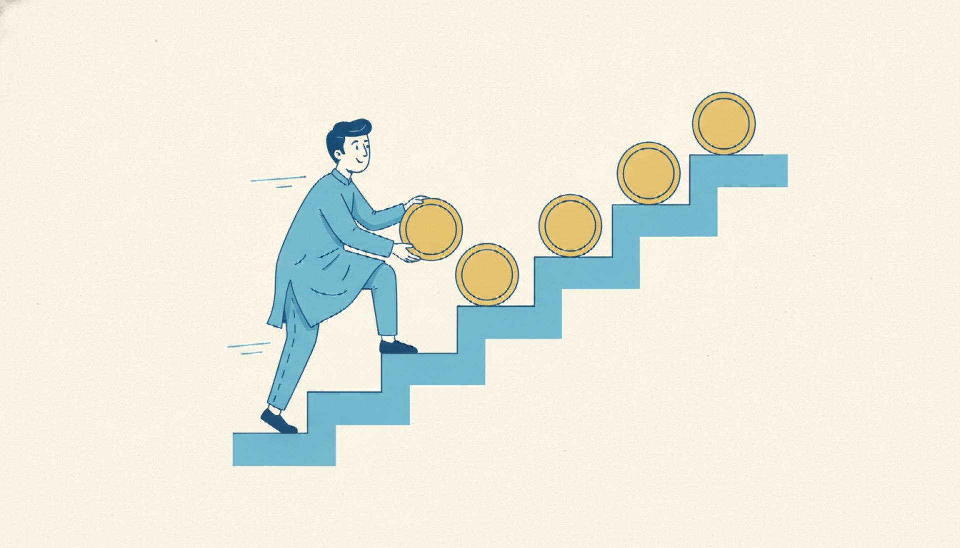 Flat blue illustration of a person climbing a staircase placing a larger coin on each higher step