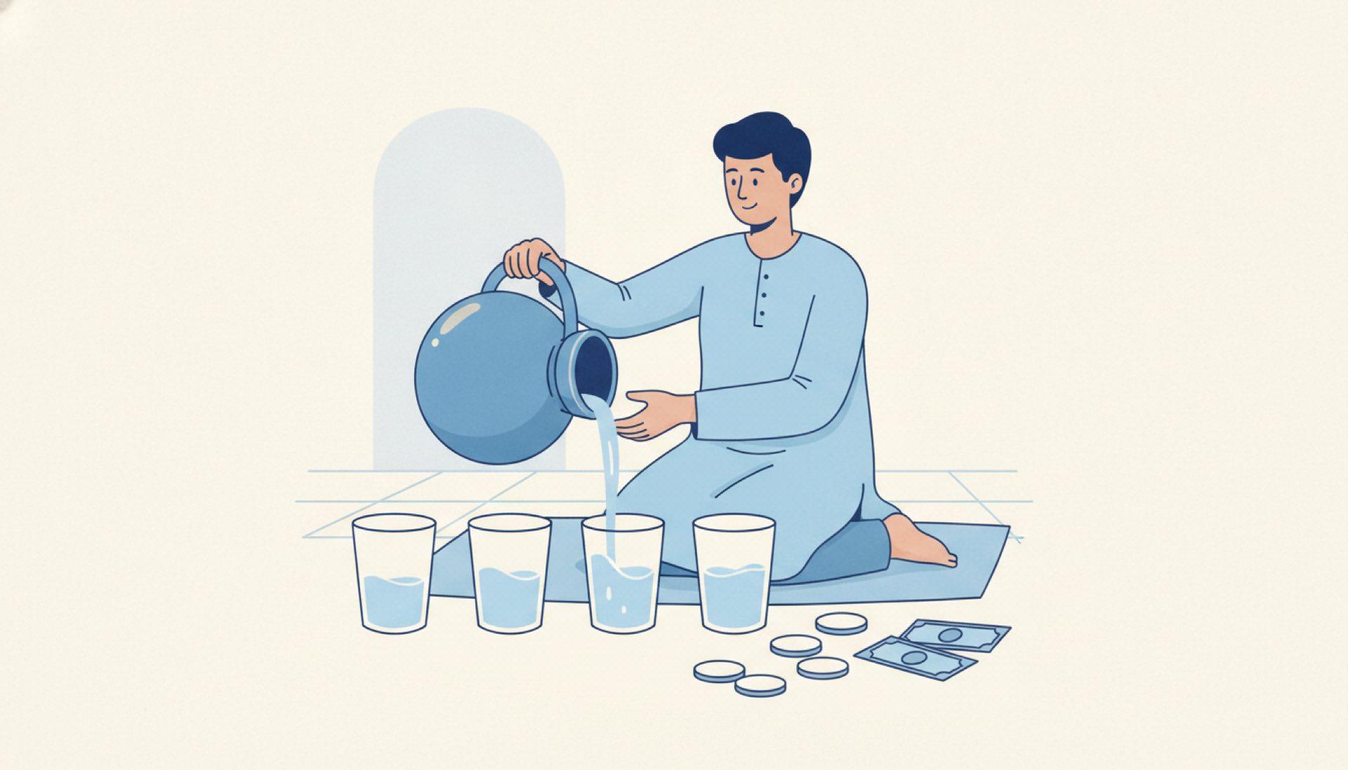 Flat blue illustration of a person pouring water from a jug into smaller glasses in stages