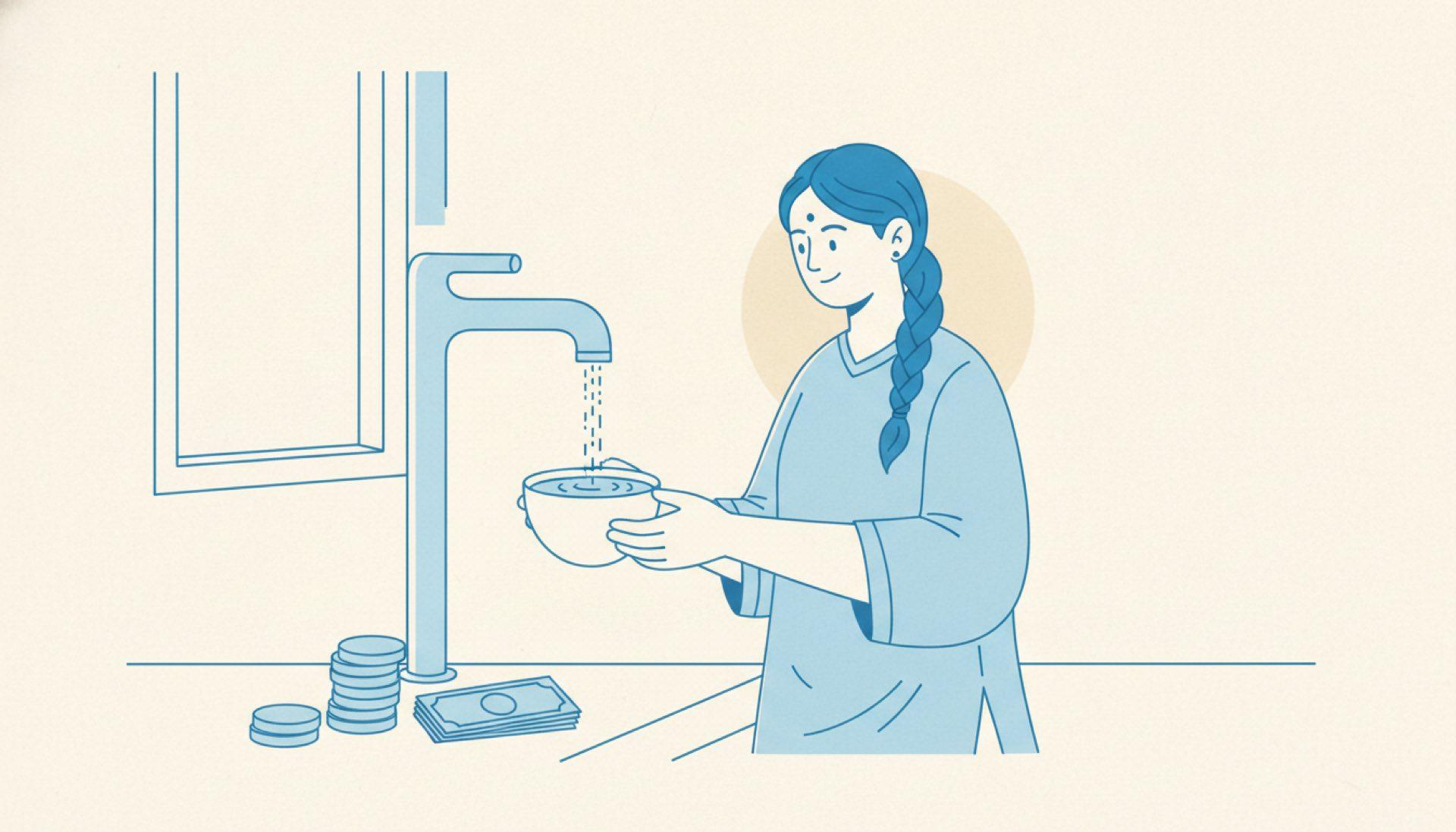 Flat blue illustration of a person holding a cup under a gently dripping tap