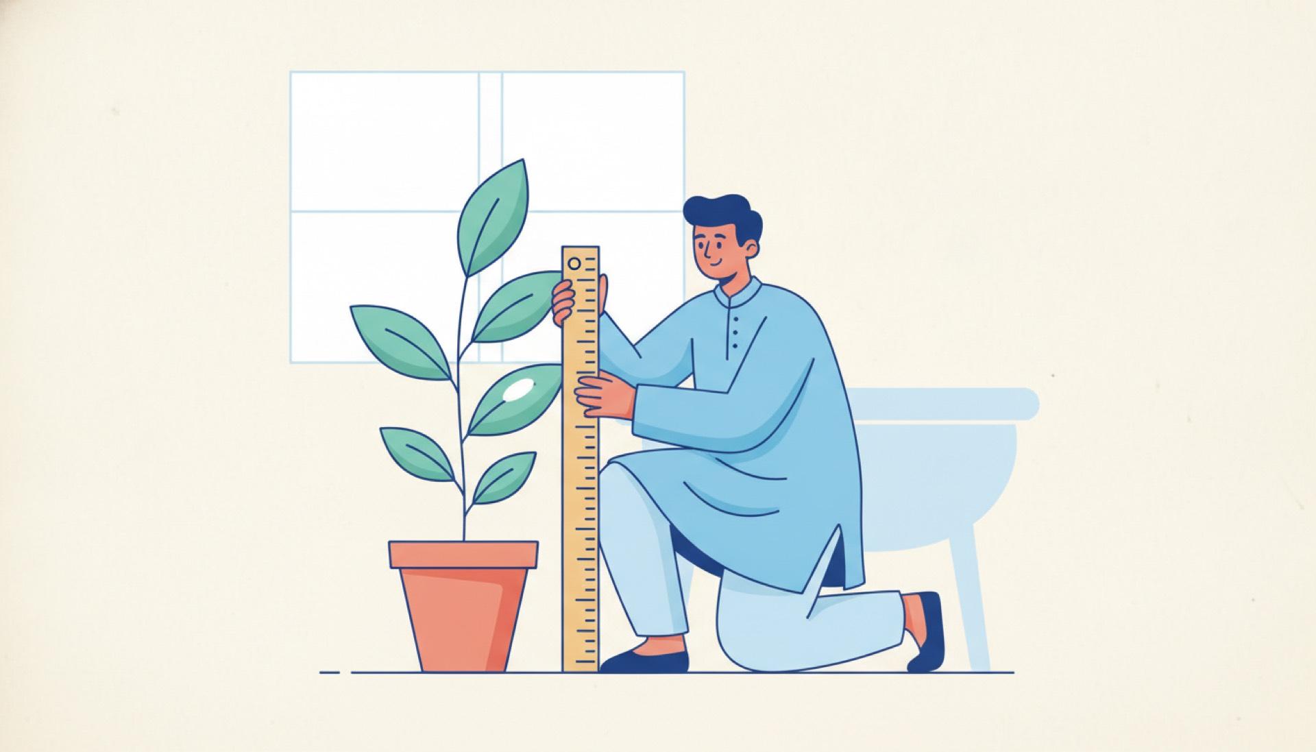 Flat blue illustration of a person measuring a growing plant's height with a ruler