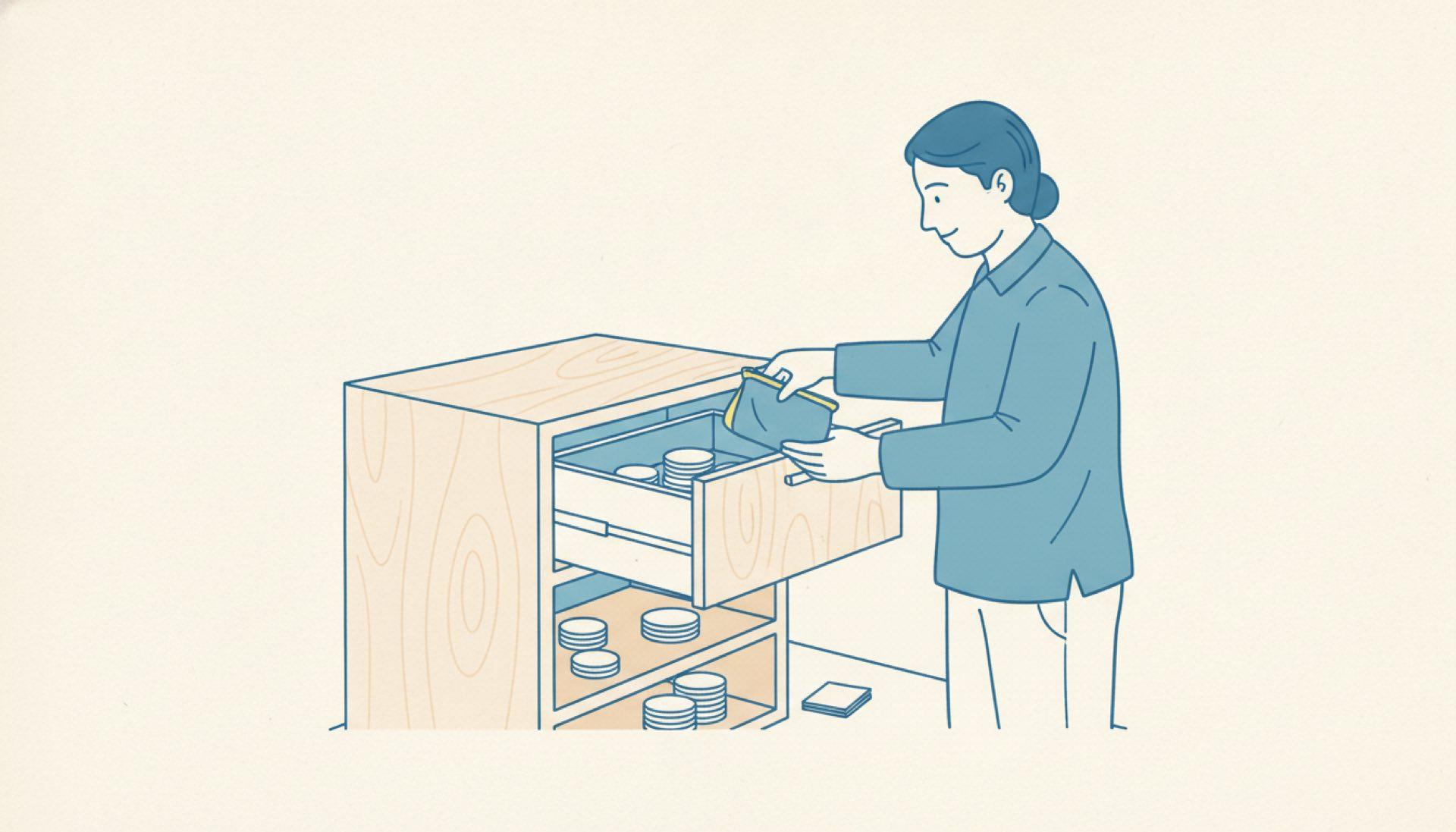 Flat blue illustration of a person placing a small pouch into an open drawer