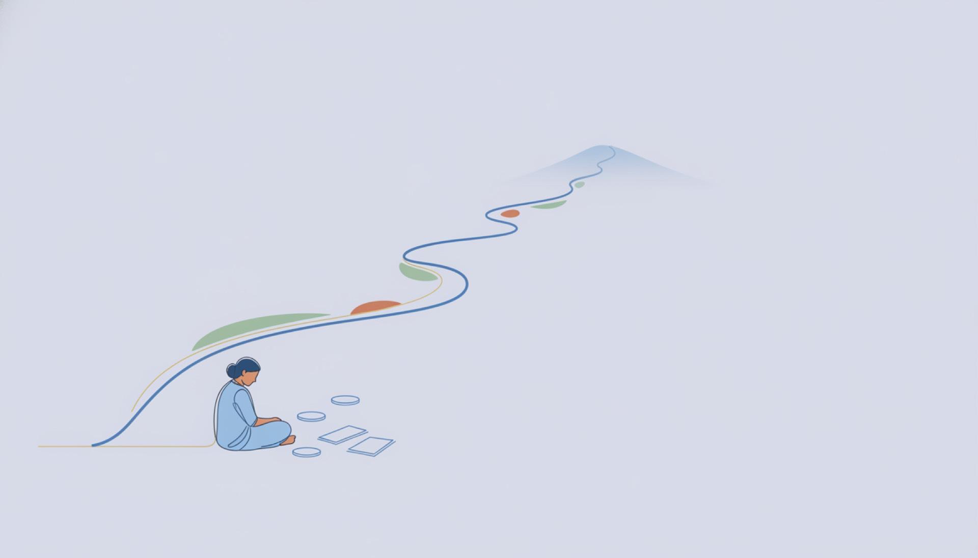 Illustration on a soft lavender background of a long winding uphill path fading toward a misty distant peak
