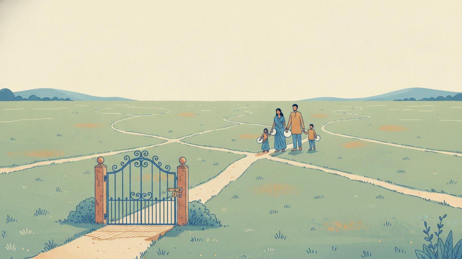 Illustration of many footpaths fanning out from a single garden gate across a wide meadow, a family walking along one of them towards distant hills
