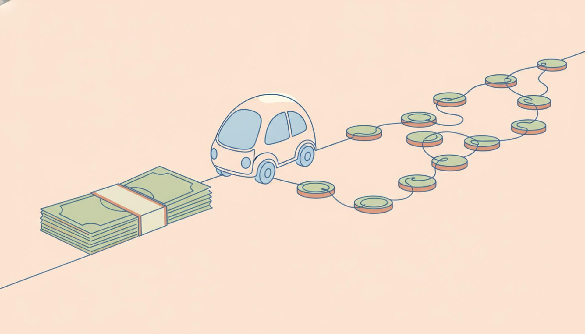 Line-art illustration on a soft peach background of a bundle of cash and a car linked by a trail of coins