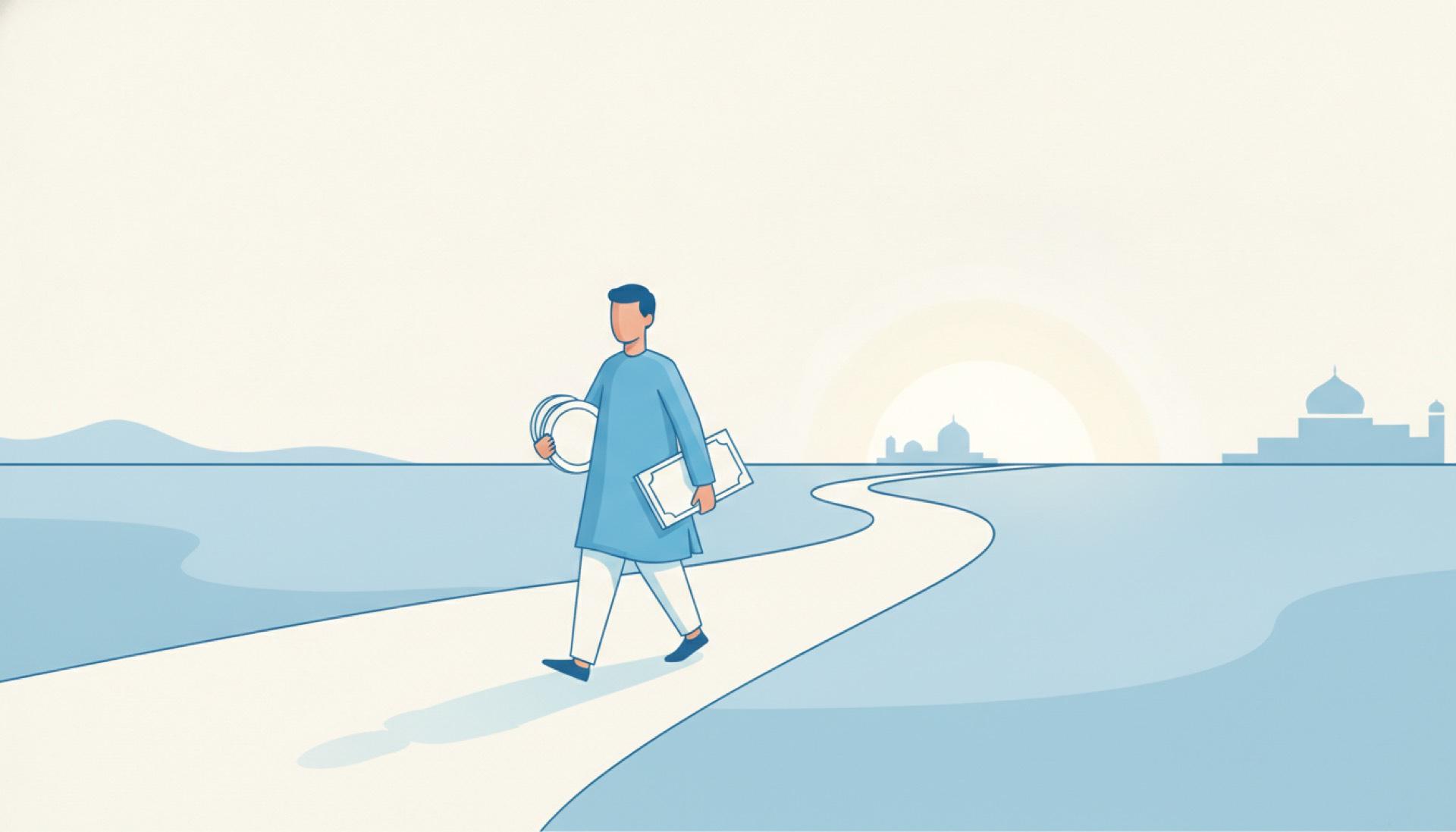 Flat blue illustration of a person walking up a gently rising path toward brighter light