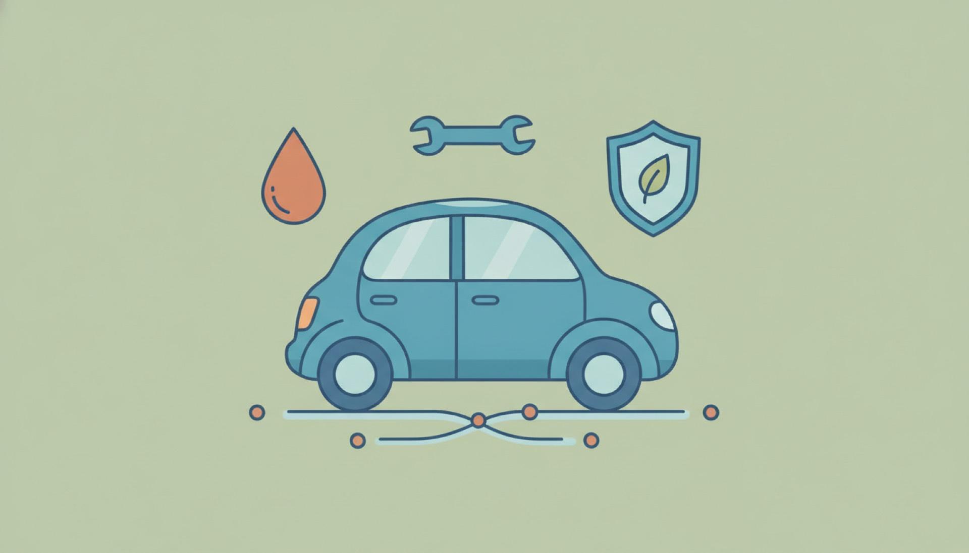 Illustration on a soft sage-green background of a small car with a fuel drop, a spanner and a protective shield floating above it