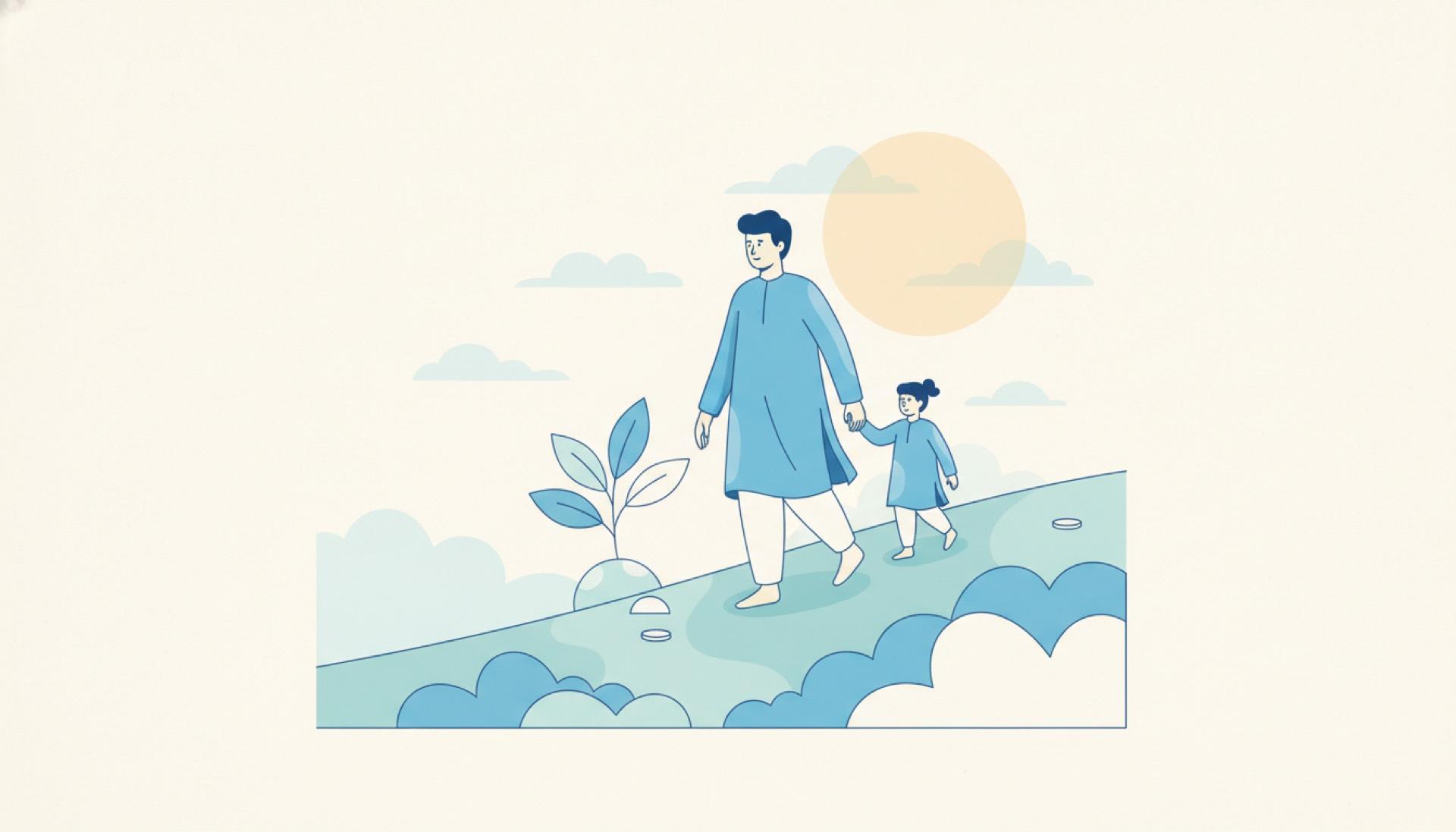 Flat blue illustration of a parent and child walking hand in hand up a gentle grassy slope toward morning light