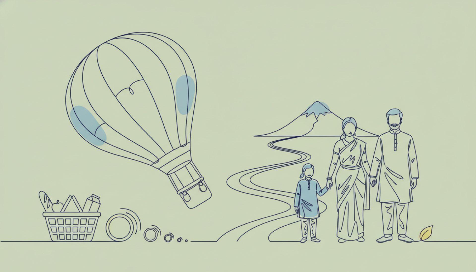 Line-art illustration on a soft sage-green background of a deflating balloon beside a grocery basket and shrinking coins, with an Indian family looking on