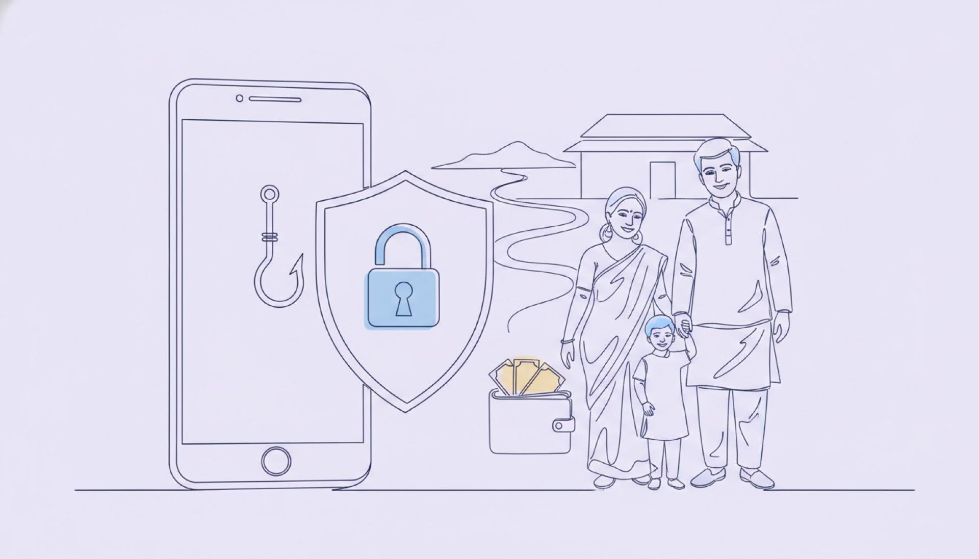 Line-art illustration on a soft lavender background of a phishing hook emerging from a smartphone blocked by a shield and padlock, with an Indian family safe behind it