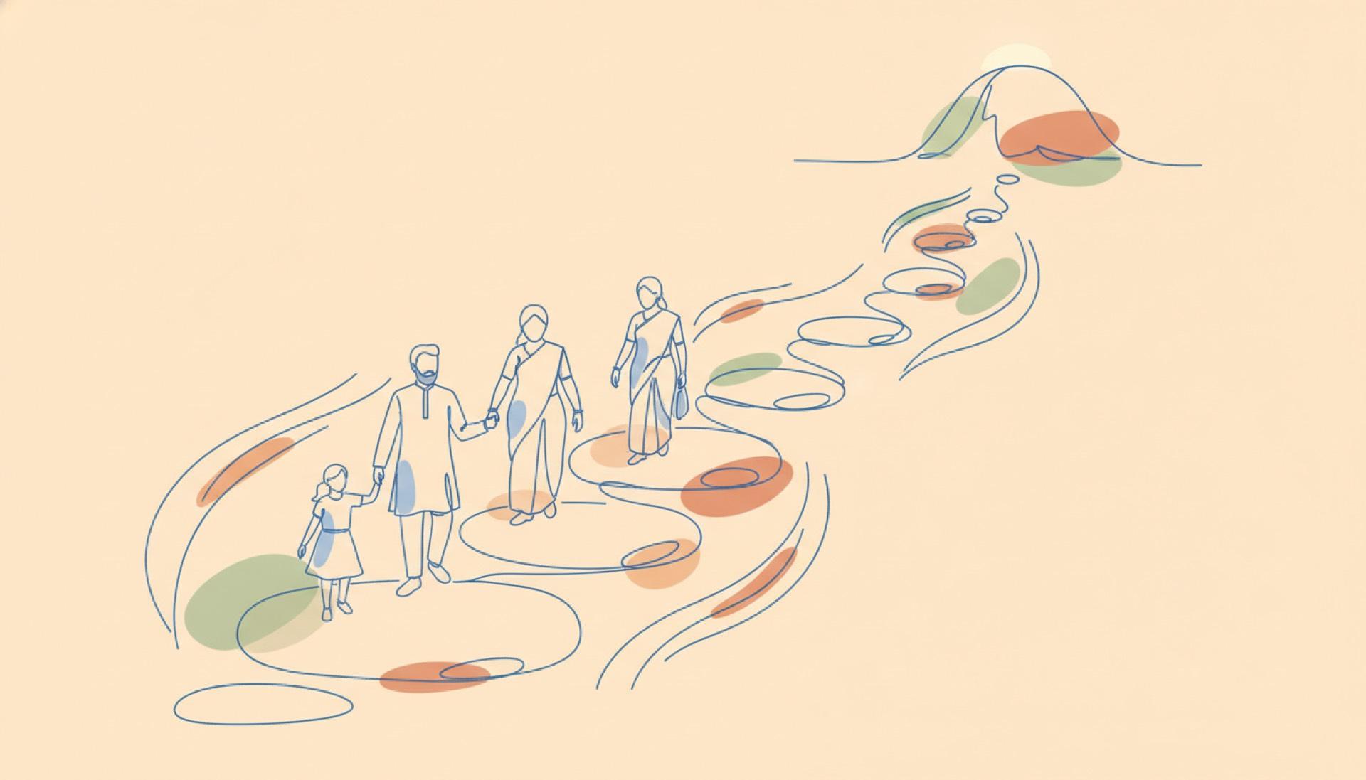 Illustration on a soft apricot background of ascending numbered stepping stones in sequence