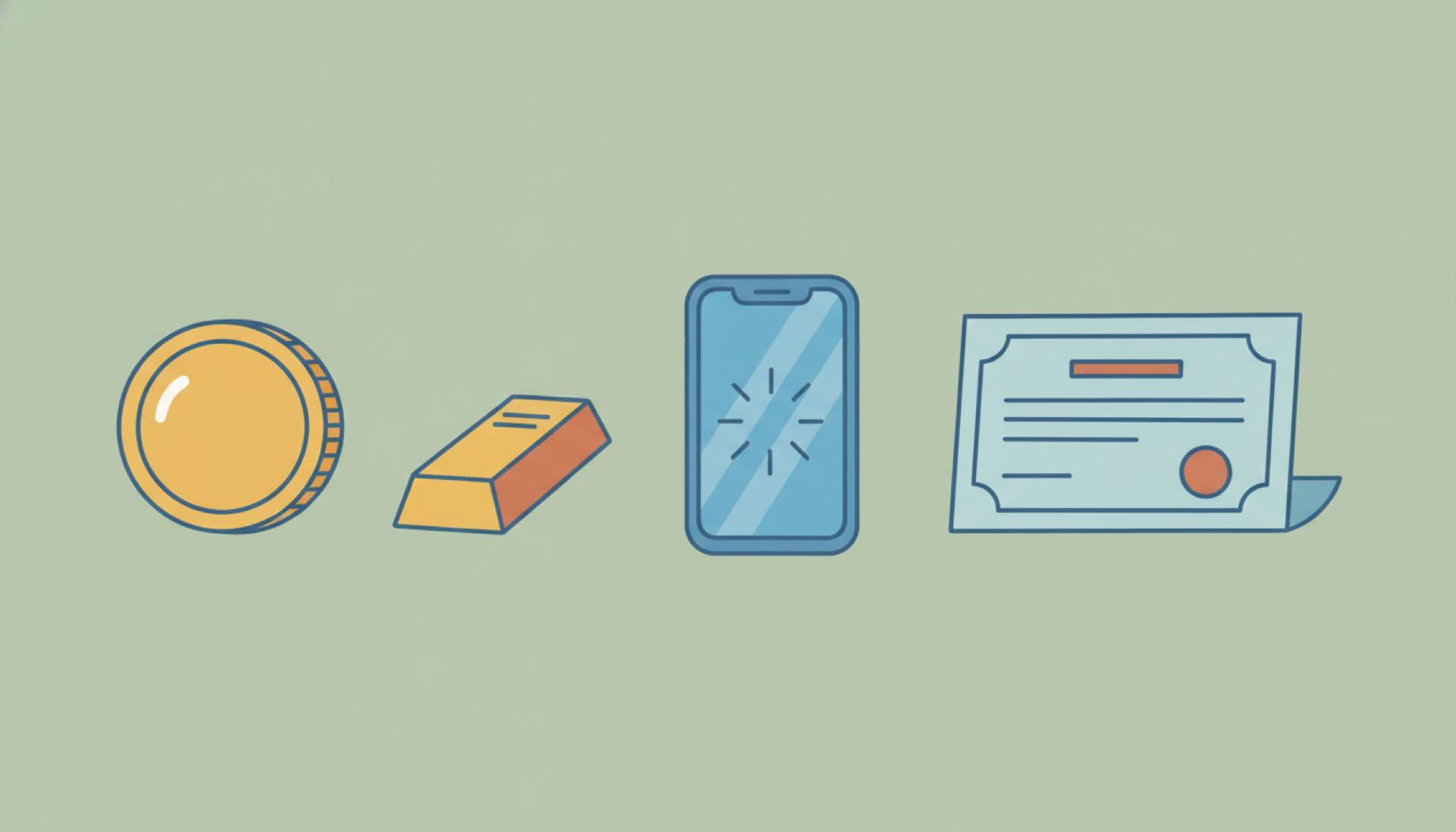 Line-art illustration on a soft sage-green background of a gold coin, a gold bar, a smartphone and a certificate in a row
