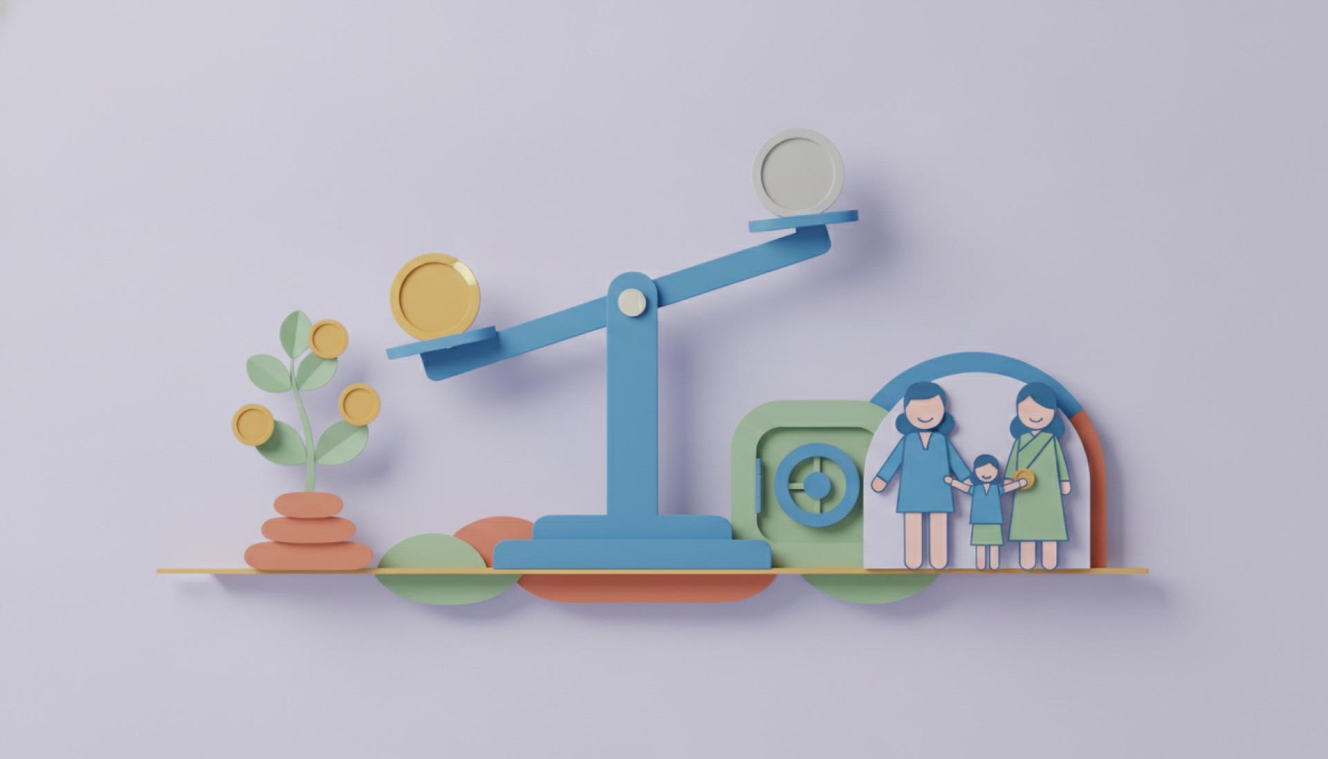 Cut-paper illustration on a soft lavender background of a gold disc and a silver disc balanced on a scale beside an Indian family