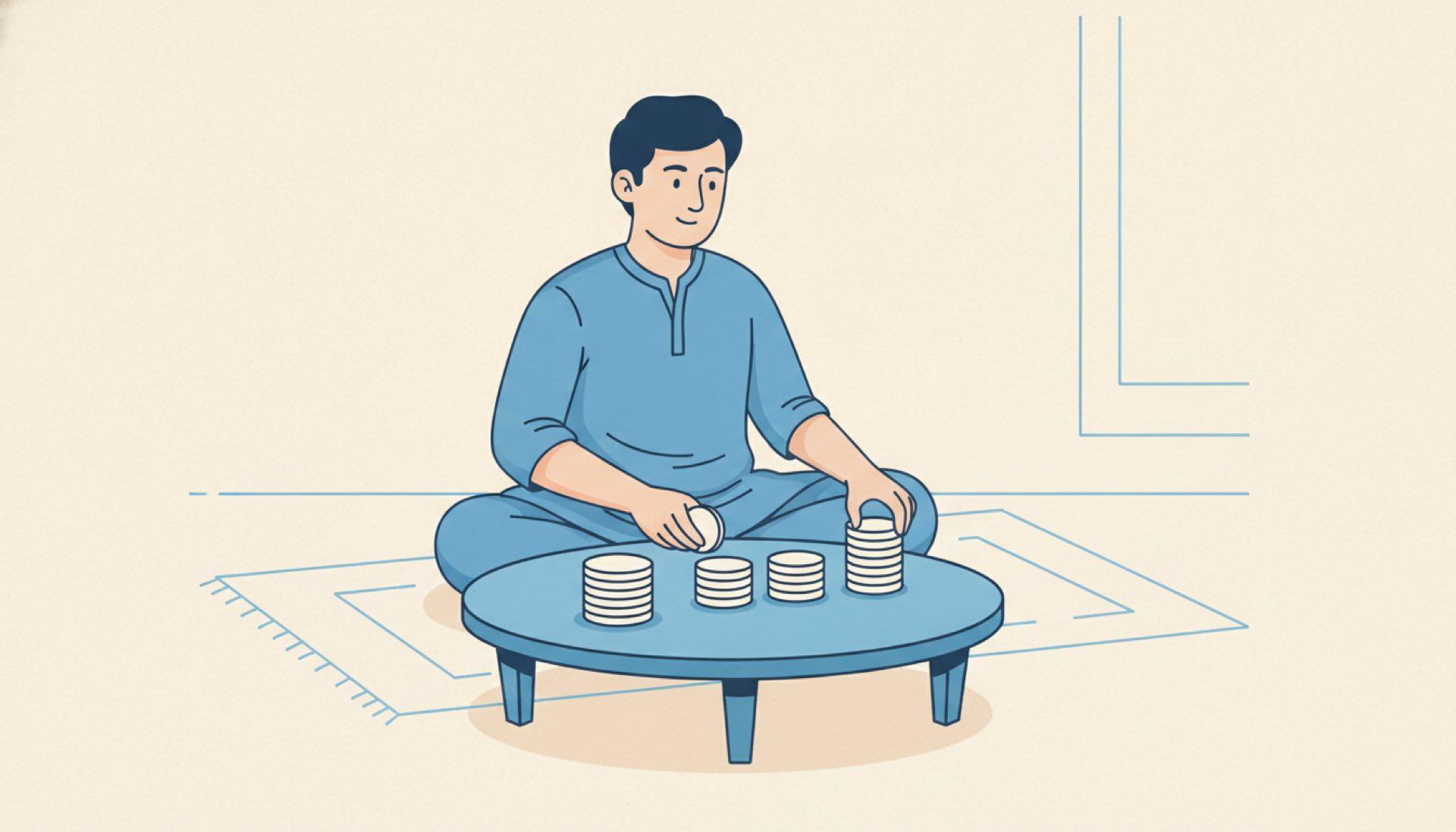 Flat blue illustration of a person dividing a stack of coins into portions on a table