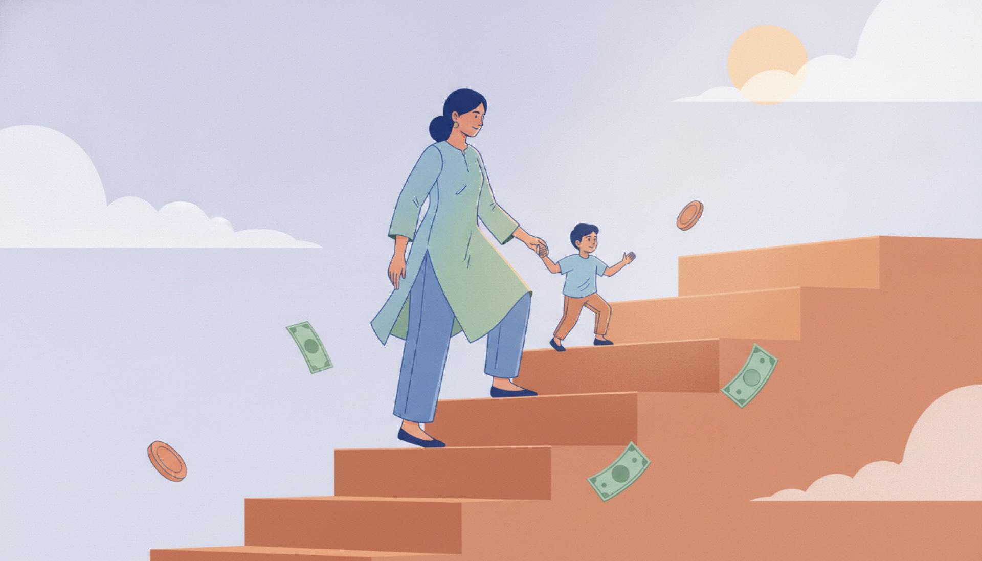 Illustration on a soft lavender background of a person climbing ascending steps toward an open sky