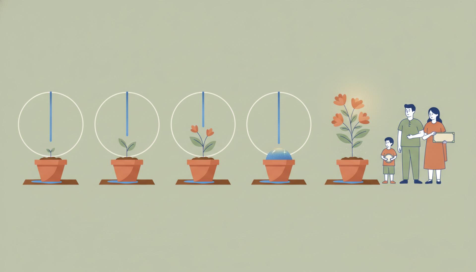 Illustration on a soft sage background of a steady stream feeding a growing plant in a pot