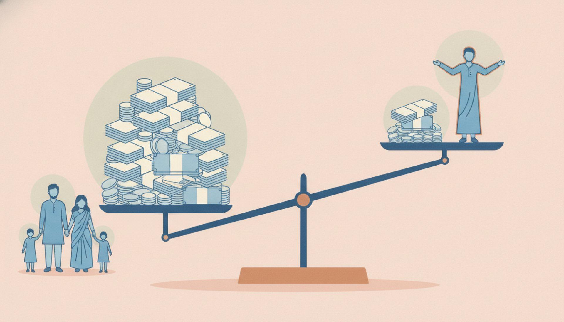 Illustration on a soft peach background of a balance scale weighing a larger stack against a smaller one