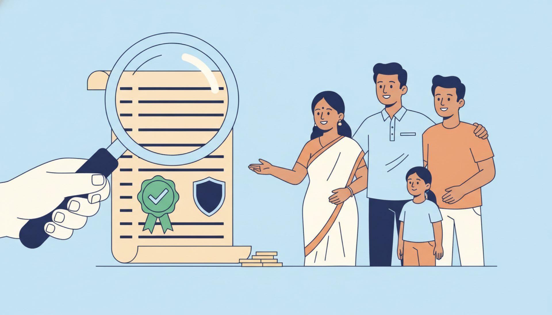 Illustration on a soft sky-blue background of a magnifying glass over an official register document with a verified badge and shield, beside a reassured Indian family
