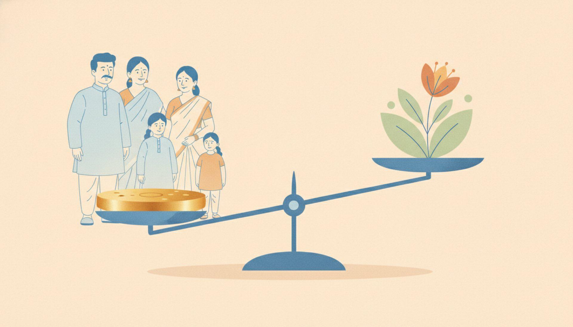 Illustration on a soft peach background of an Indian family beside a balance weighing a gold disc against a growing plant