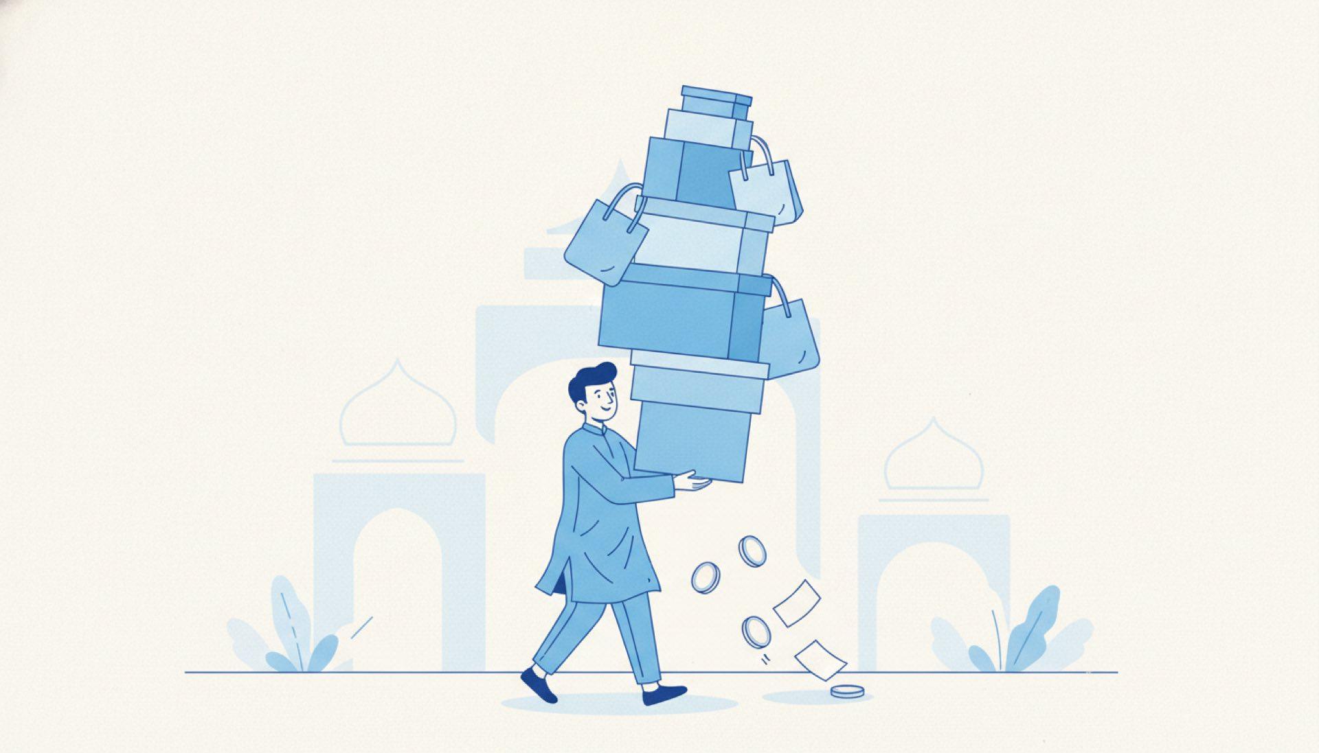 Flat blue illustration of a person walking while carrying a growing stack of boxes and bags