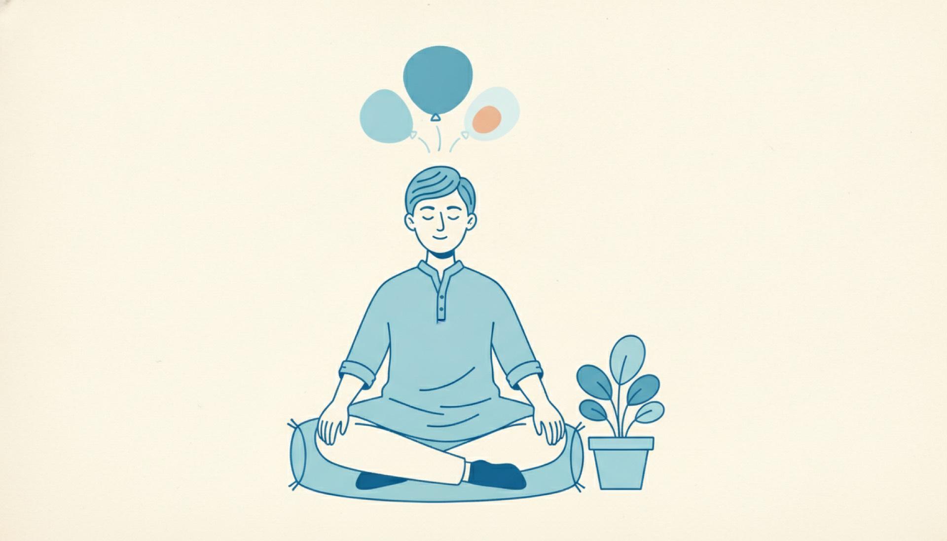 Flat blue illustration of a person sitting in thought beside a small plant, with idea shapes near their head