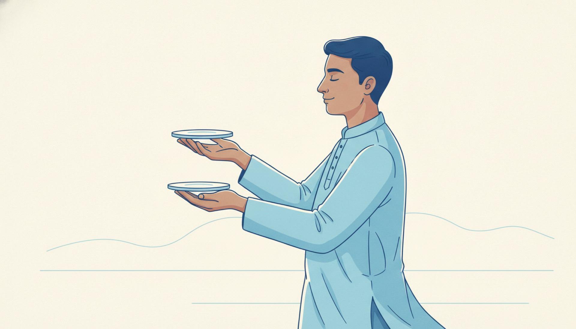 Flat blue illustration of a person weighing two objects, one in each hand
