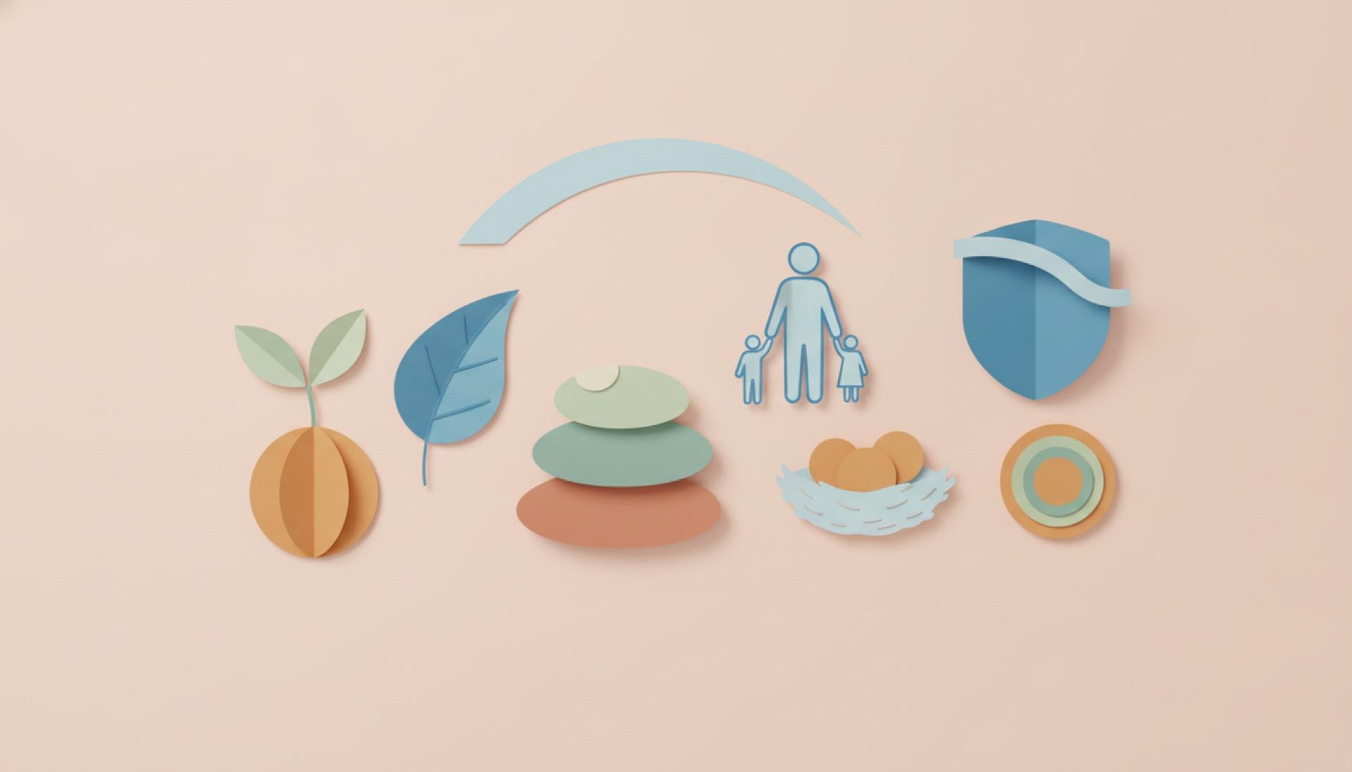 Illustration on a soft peach background of several different small objects spread across a surface