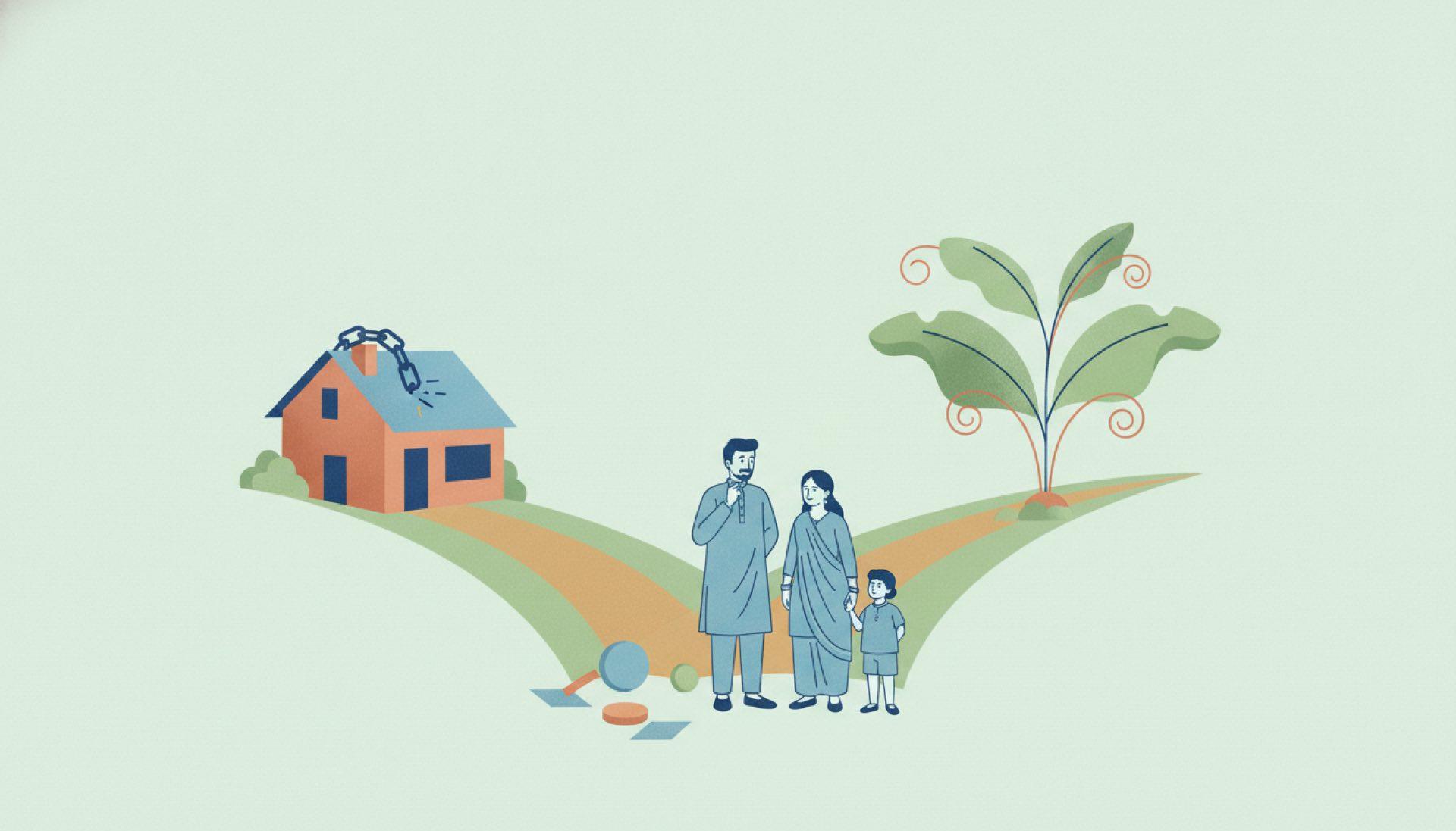 Illustration on a soft mint-green background of a fork in the path between a house with a broken loan chain and a large growing plant, with an Indian family deciding