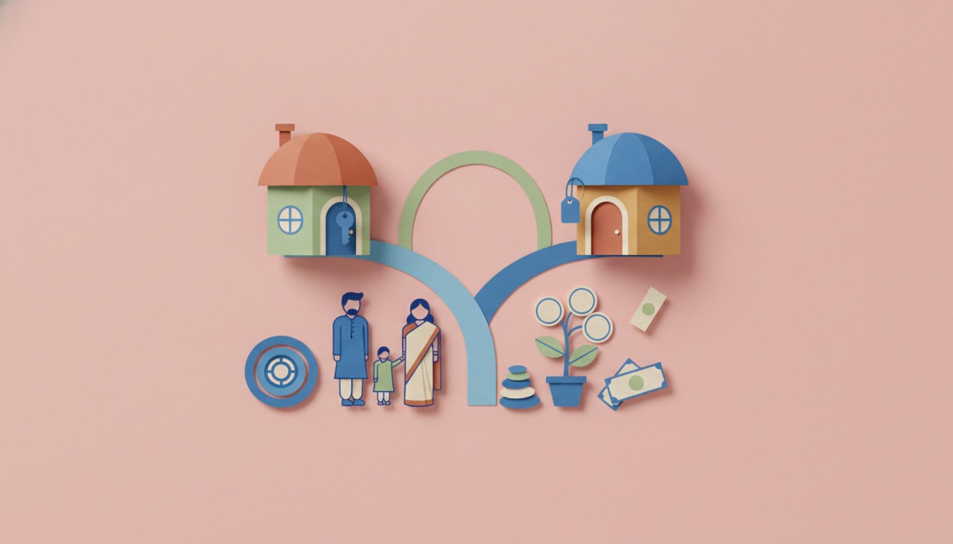 Cut-paper illustration on a soft rose background of two houses, one with a key and one with a tag, beside an Indian family and a growing plant