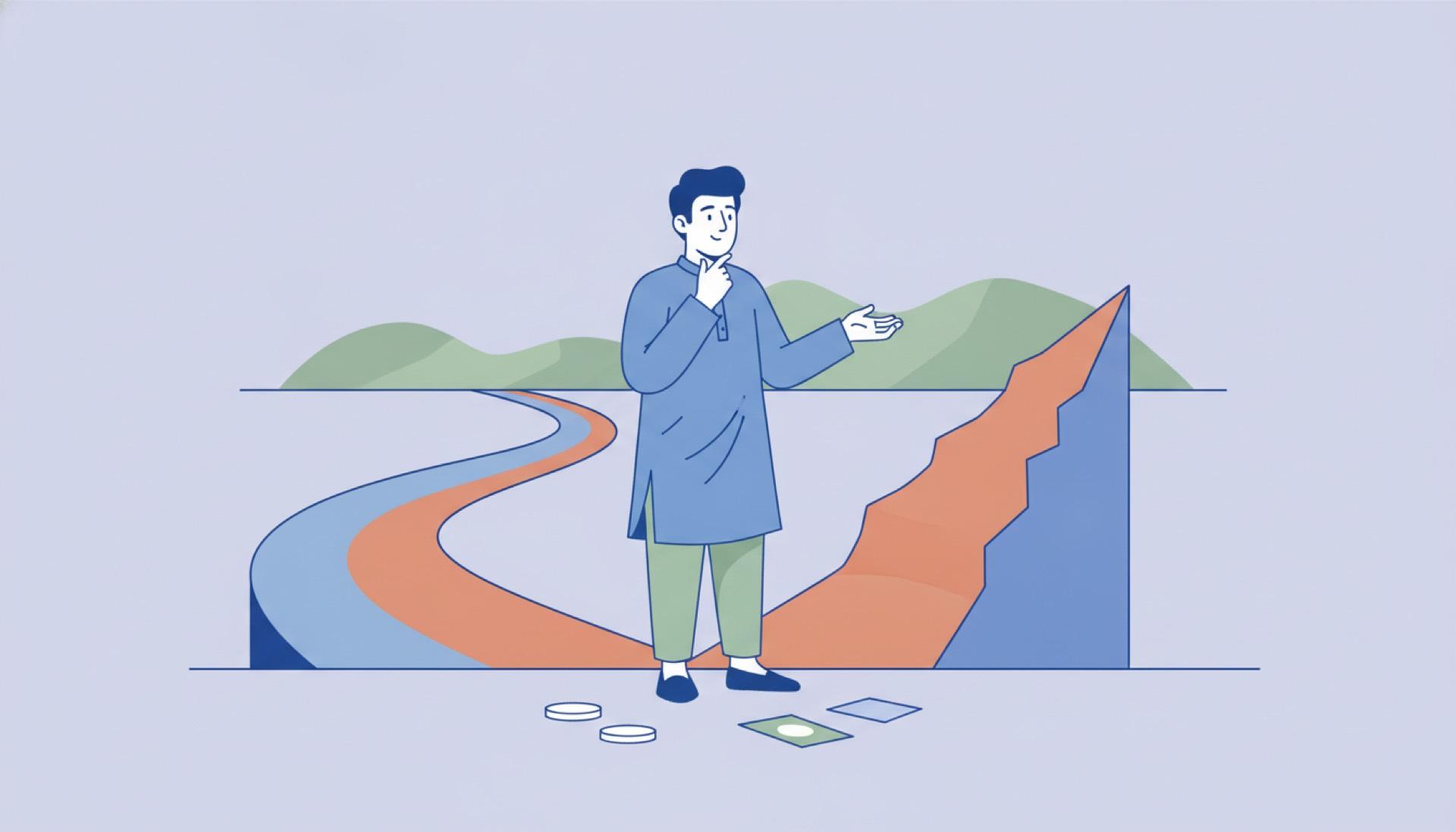 Illustration on a soft lavender background of a person weighing a gentle path against a steeper one