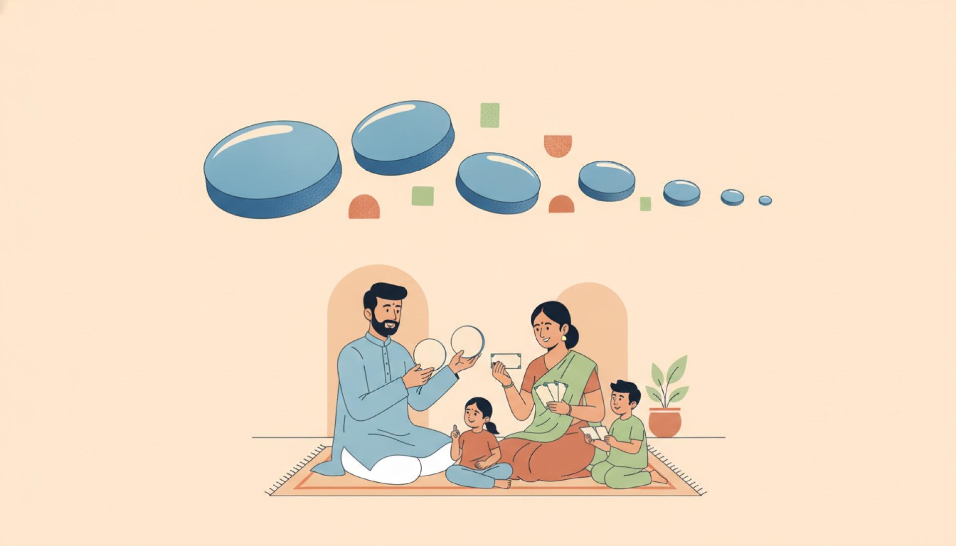 Illustration on a soft apricot background of a disc doubling into two then four