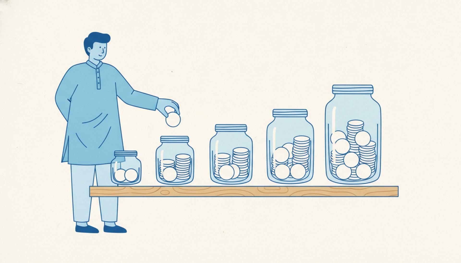 Flat blue illustration of a person dropping coins into a row of jars of different sizes on a shelf