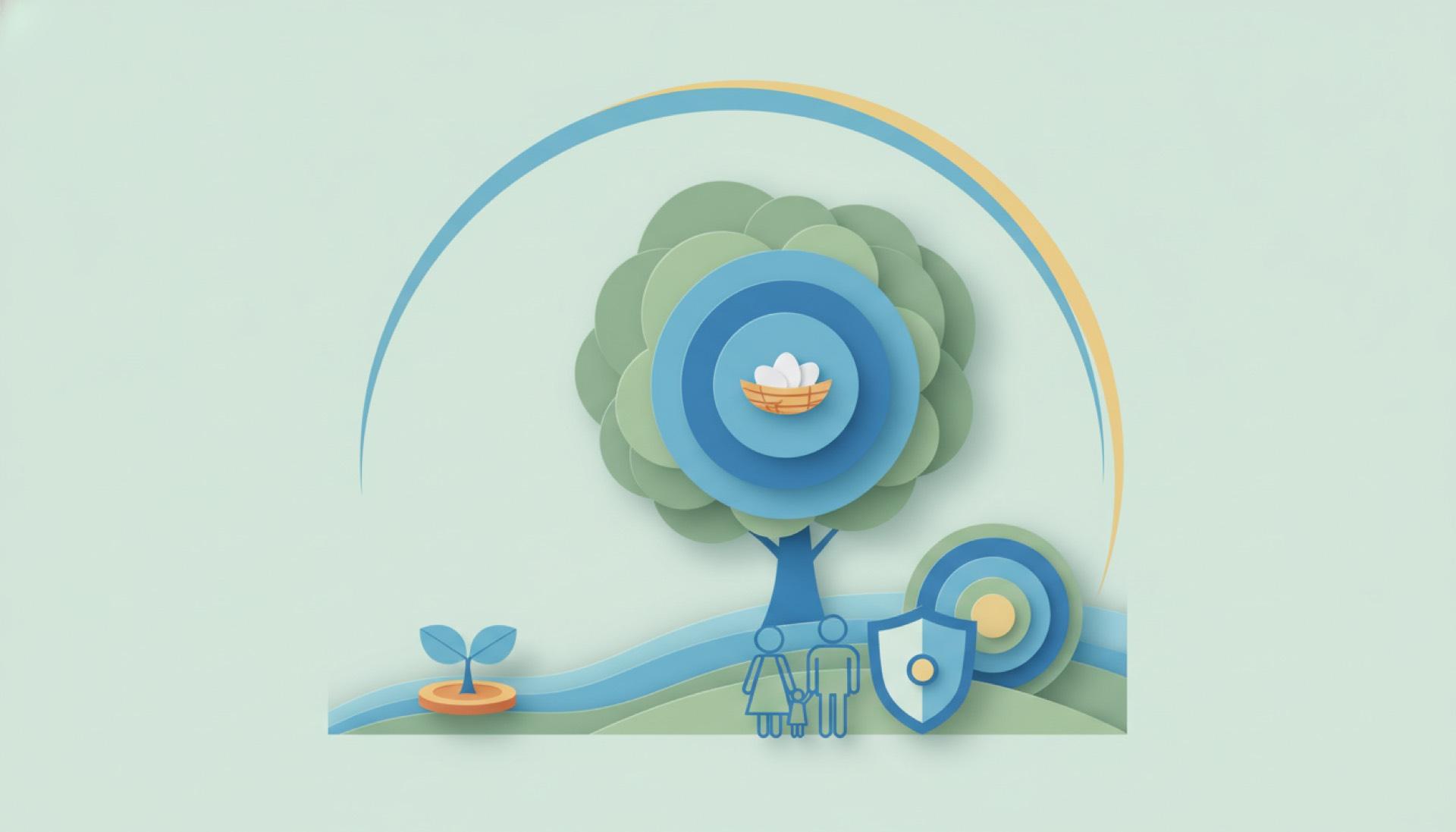 Illustration on a soft mint background of a sprout growing into a strong tree over rising ground