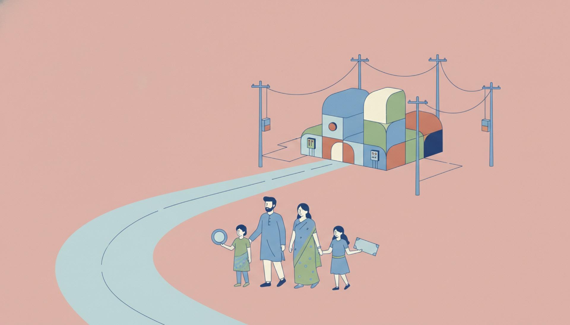 Illustration on a soft dusty-rose background of an infrastructure building with power lines as an Indian family walks a road toward it