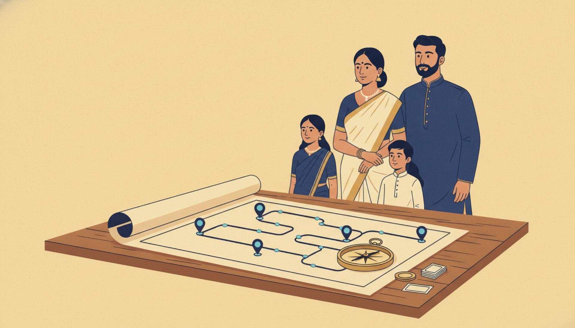 Illustration on a soft butter-yellow background of an Indian family beside a rolled-out roadmap with milestone markers and a compass