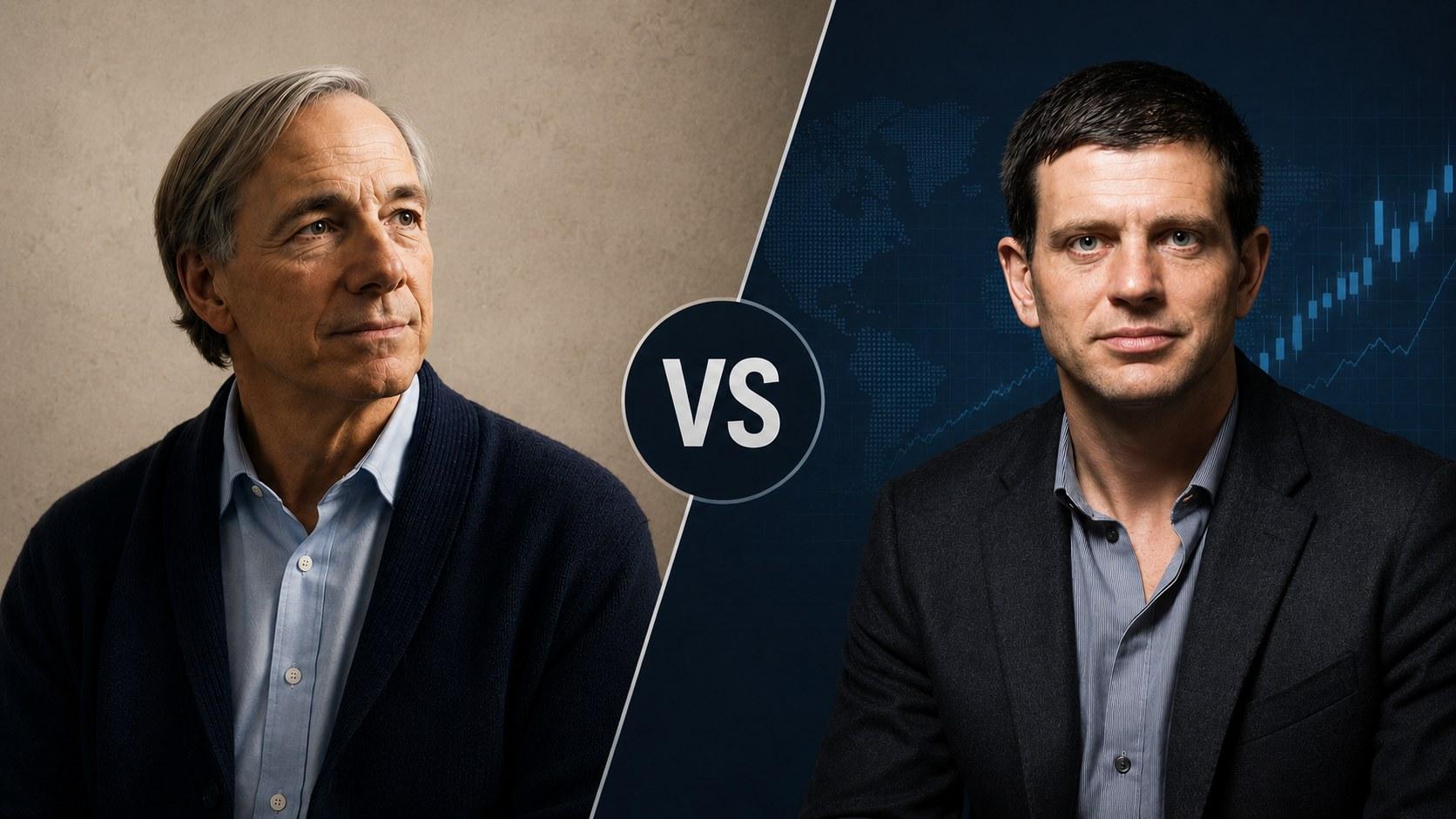 Split portrait graphic: Ray Dalio on the left against a plain backdrop, Chris Cole on the right against a dark market chart, with a VS badge between them