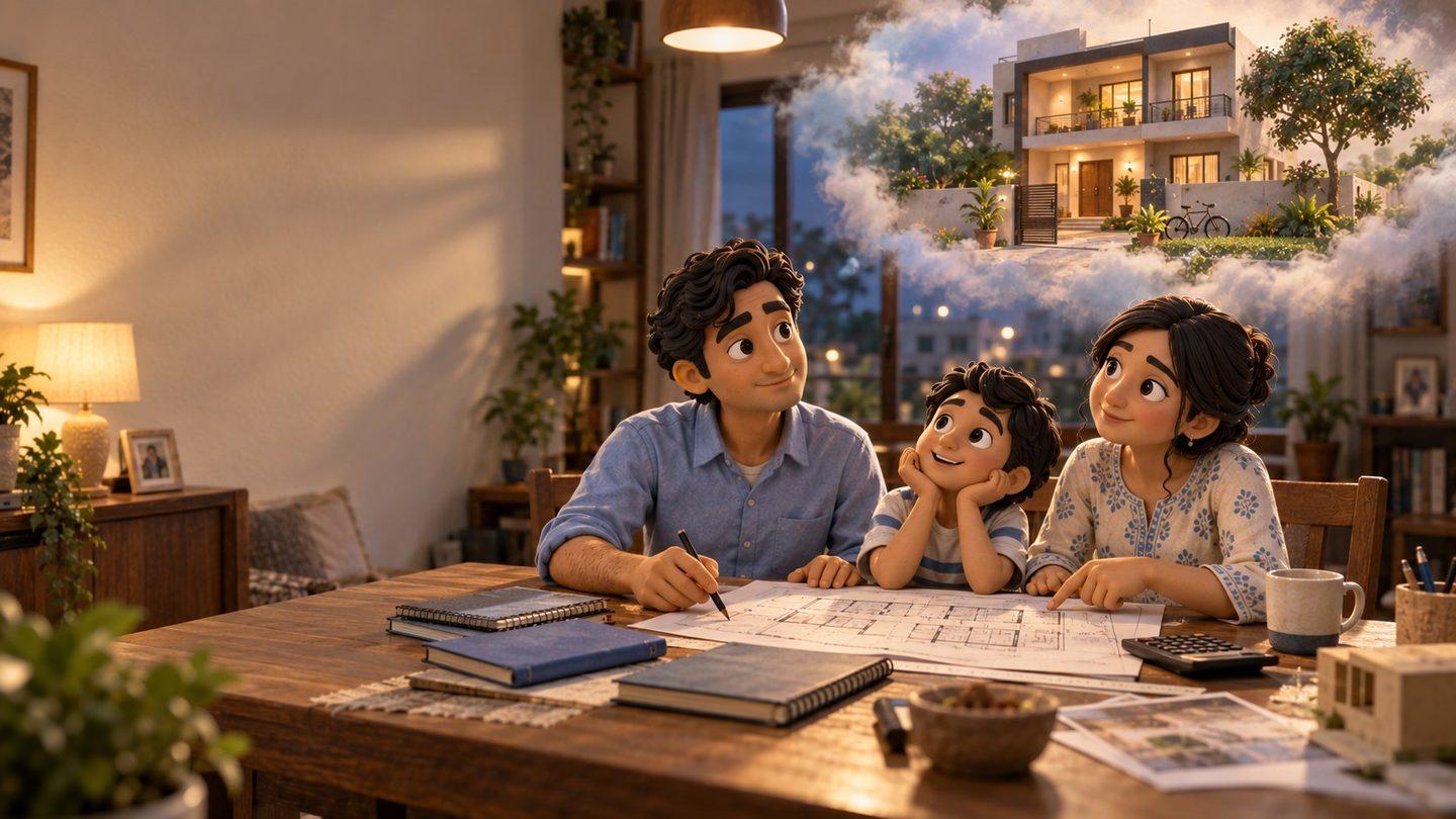 A father, mother, and son at a table looking over house plans, dreaming of the home they are building toward.