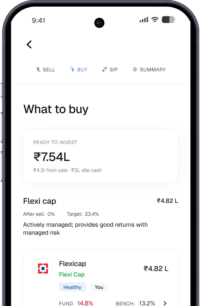 NYVO app – what to buy screen showing an amount ready to invest and a flexi-cap allocation with the fund's return against its benchmark