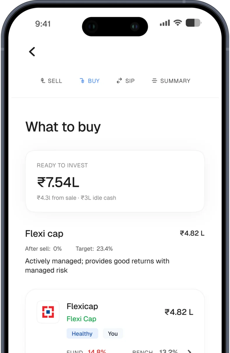 NYVO app – what to buy screen showing an amount ready to invest and a flexi-cap allocation with the fund's return against its benchmark
