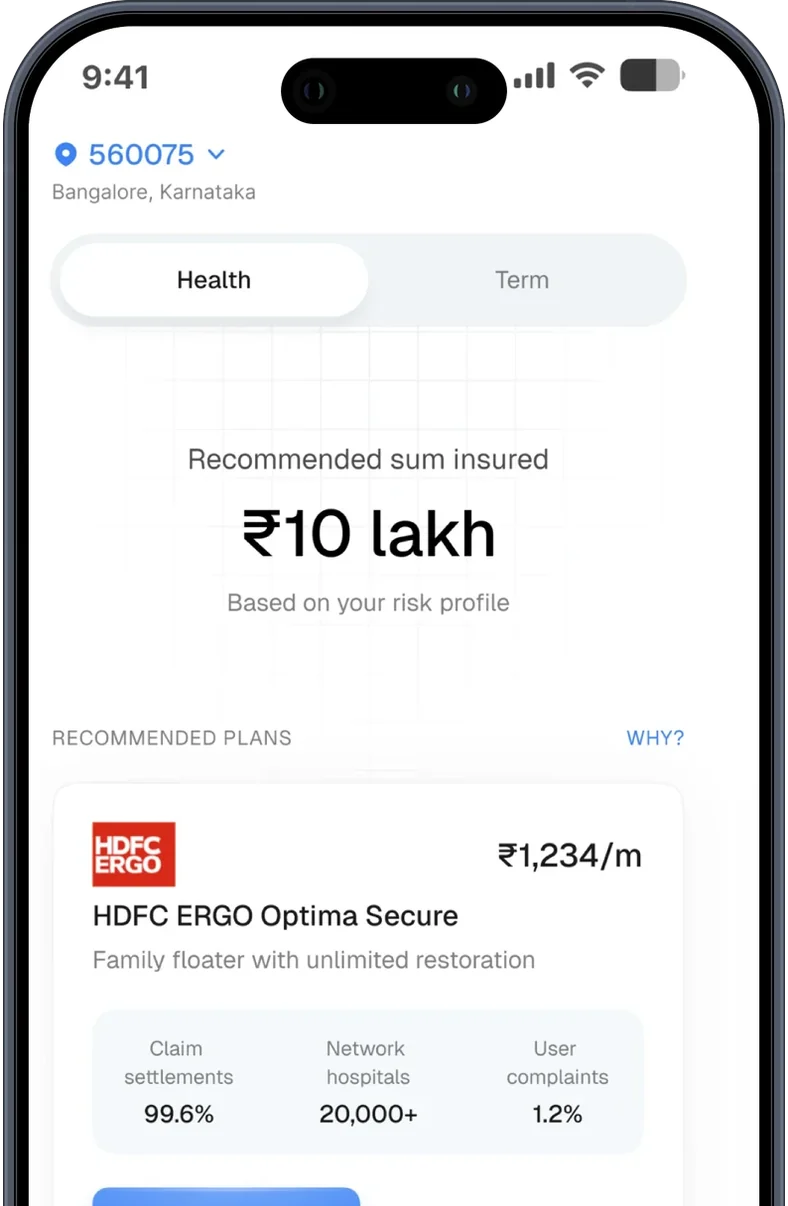 NYVO app – insurance screen showing a recommended sum insured of ₹10 lakh based on the family's risk profile, with matching plans listed below