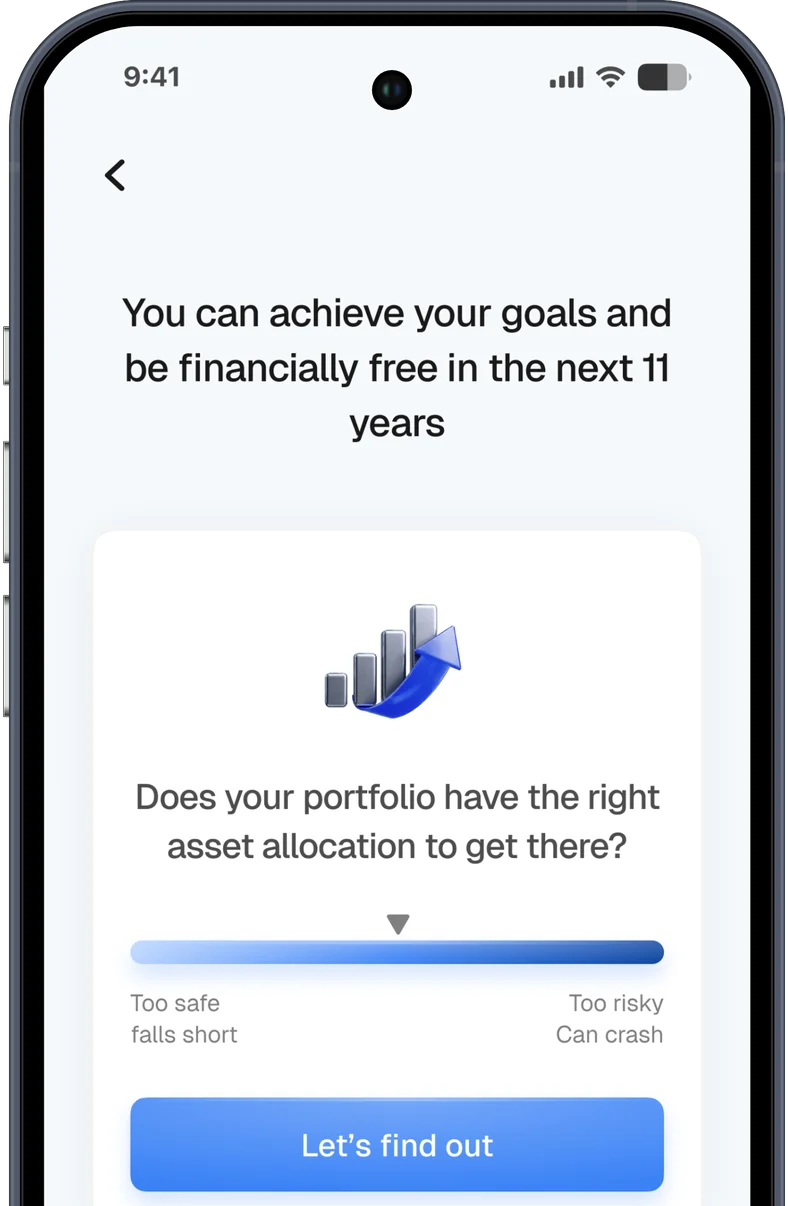 NYVO app – projection screen showing the year the family becomes financially free, and asking whether the current portfolio has the right asset allocation to get there