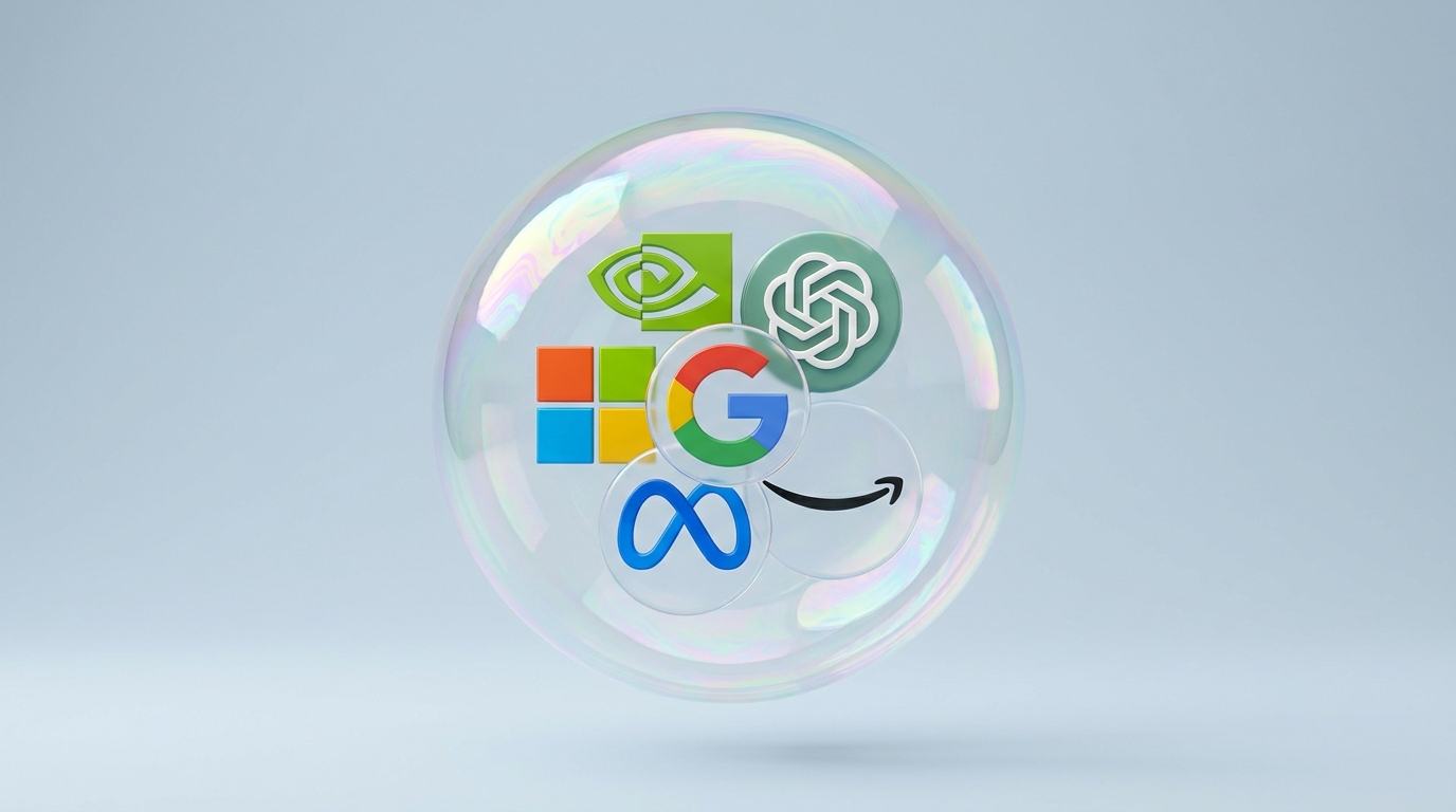 A large iridescent soap bubble floating against a plain pale blue-grey background, with the logos of Nvidia, OpenAI, Microsoft, Google, Meta and Amazon clustered and slightly overlapping at its centre.