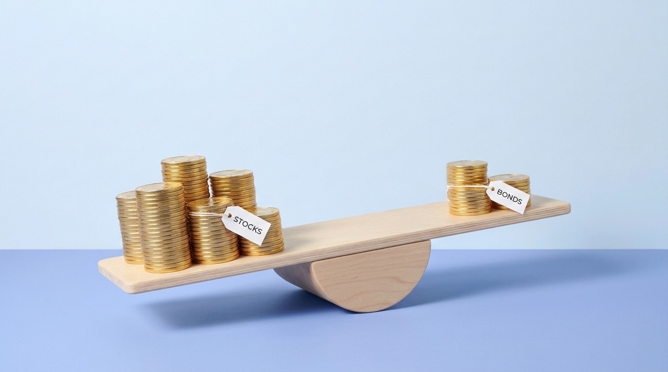 A wooden balance board on a curved rocker against a pale blue backdrop. Tall stacks of gold coins tagged STOCKS weigh down the left end, while two short stacks tagged BONDS sit on the raised right end.