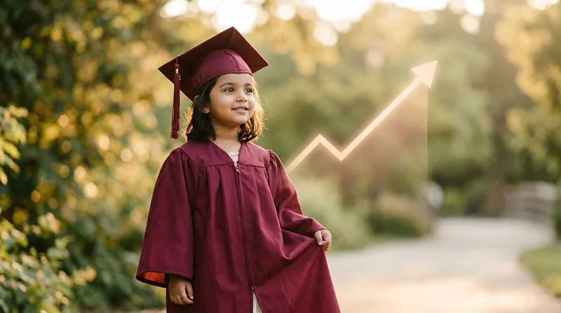 A child in a graduation cap with a soft upward growth line behind them