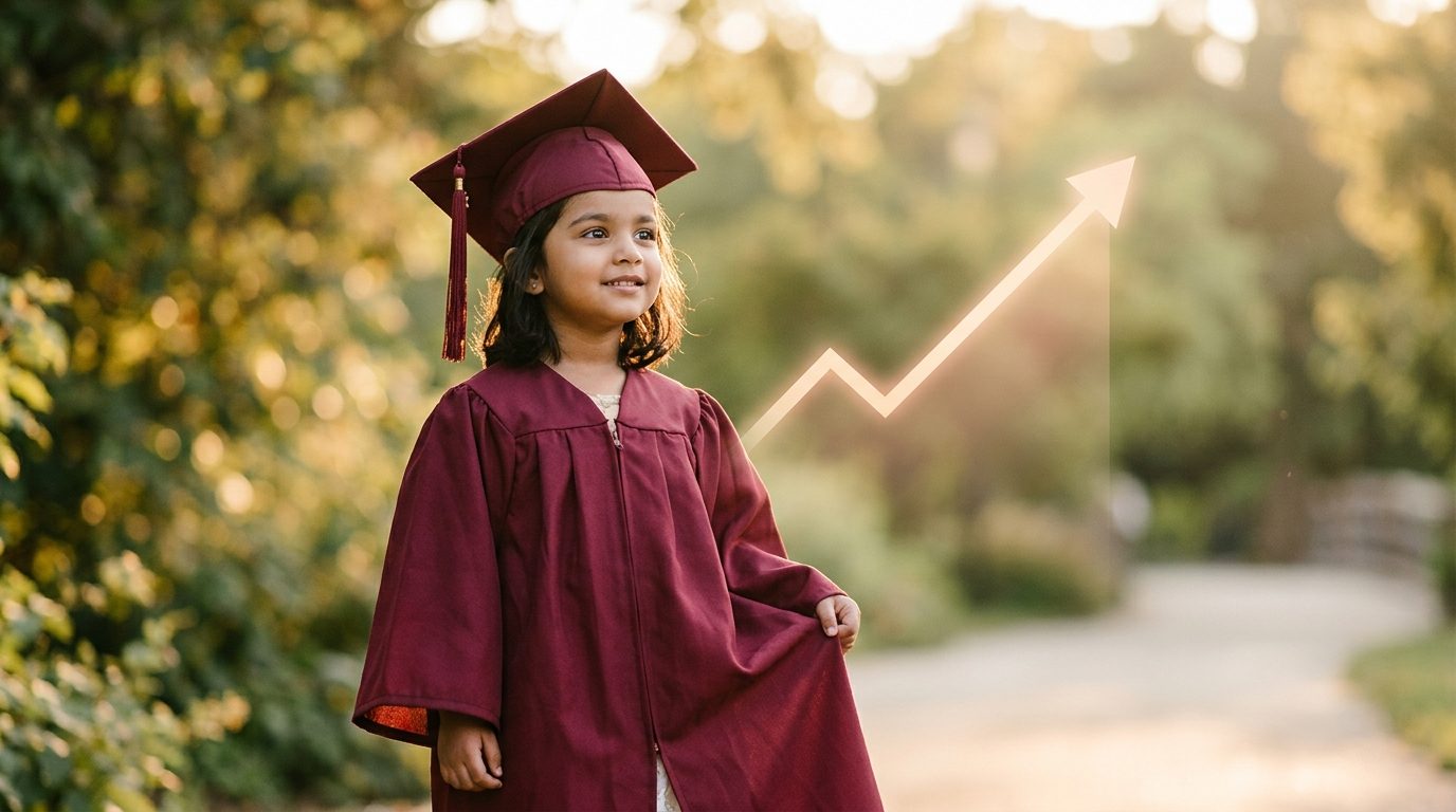 A child in a graduation cap with a soft upward growth line behind them