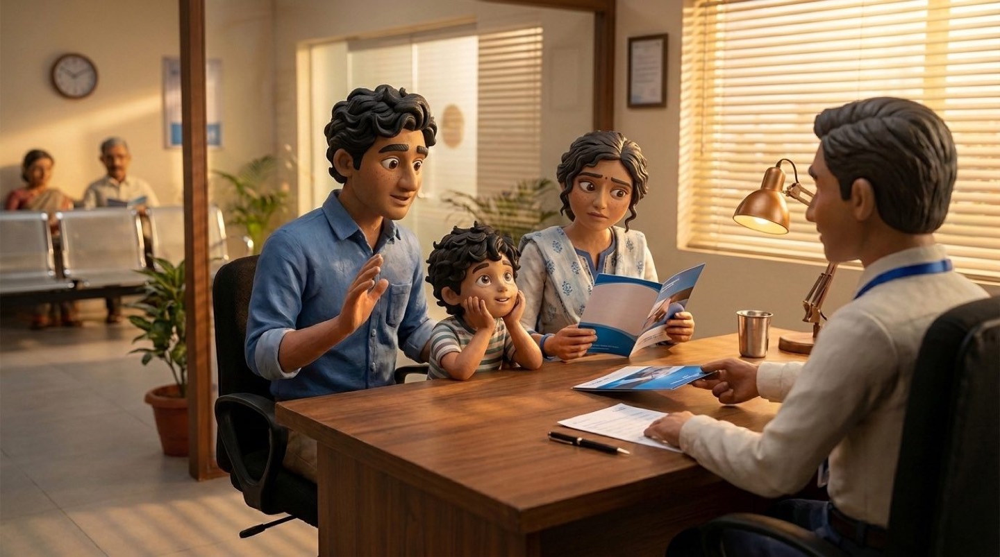 A young Indian couple and their five-year-old sit at a bank relationship manager's desk in warm afternoon light. The mother studies a blue brochure, the father raises a hand as he asks a question, and the child rests their chin in their hands between them. The manager slides another brochure across the desk towards an unsigned form and pen.